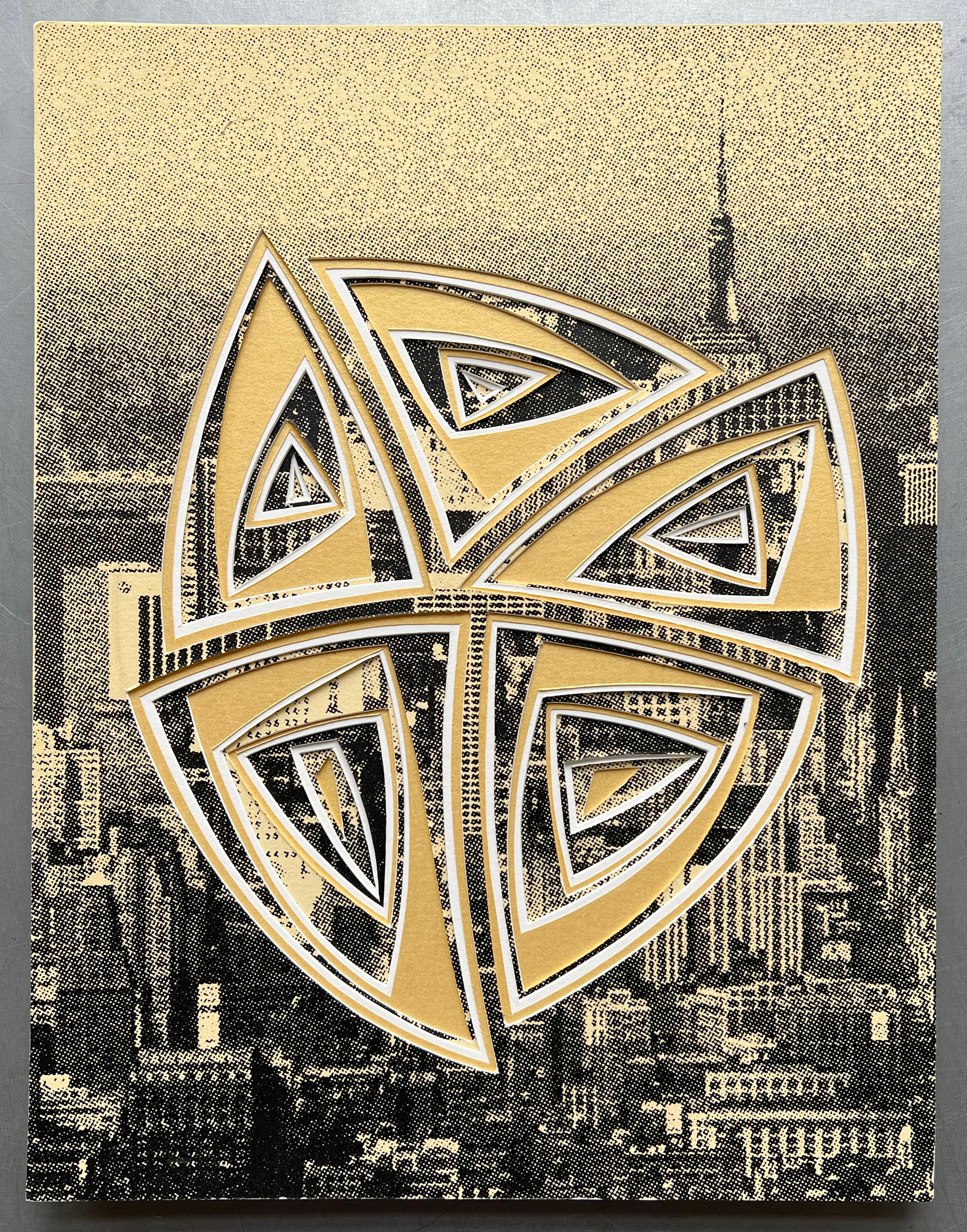 Elizabeth Gregory-Gruen Abstract Painting - Free-Hand, Minimal, Cutwork: 'NYC in Gold'
