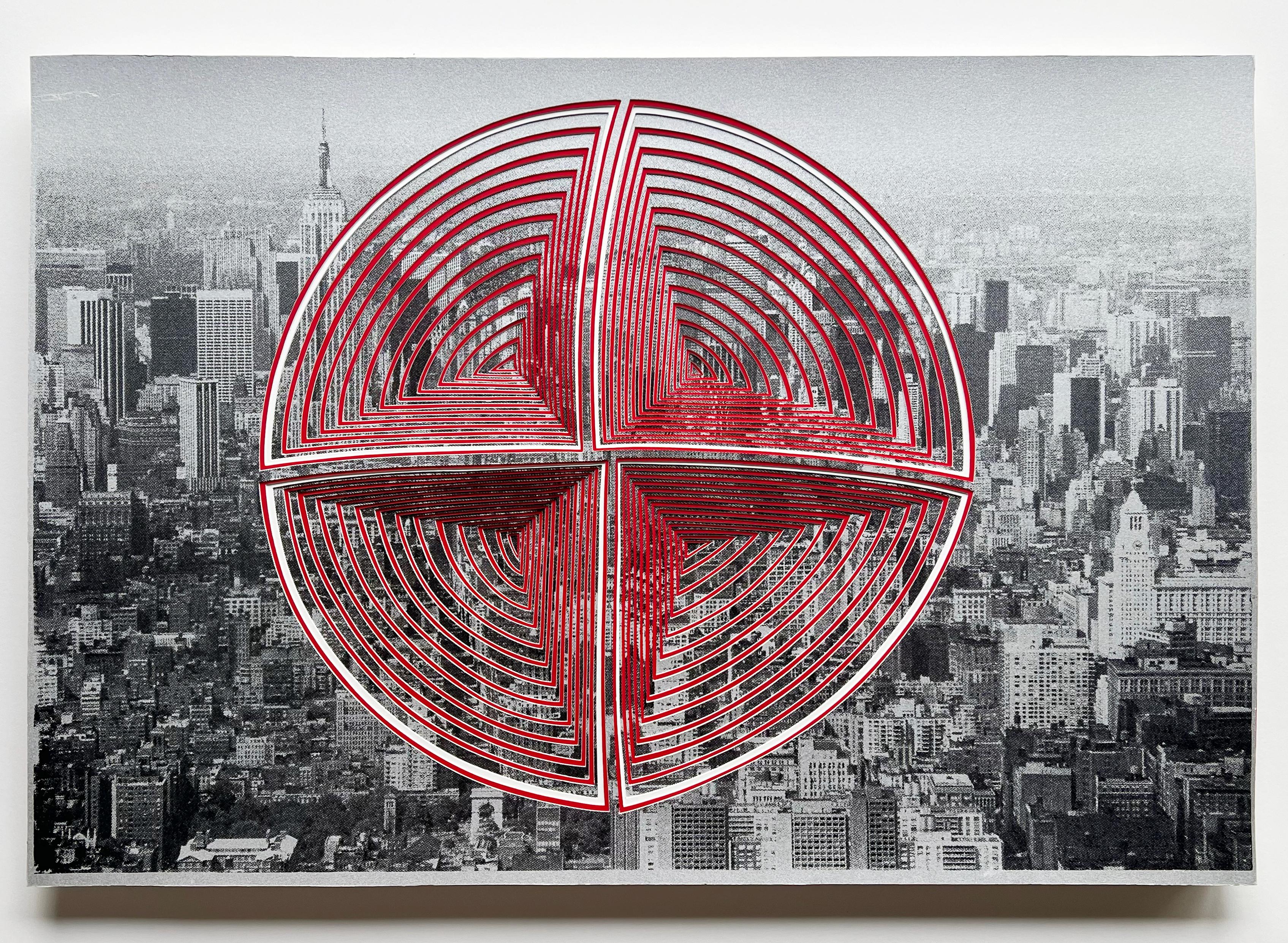 Free-Hand, Minimal, Cutwork : « New York in Red-In » - Mixed Media Art de Elizabeth Gregory-Gruen