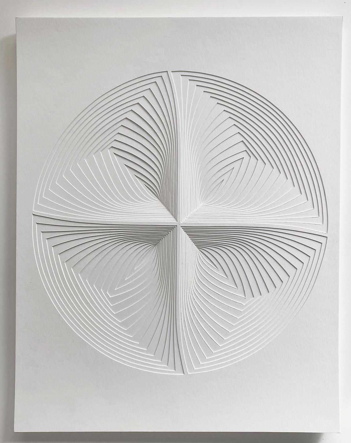 Elizabeth Gregory-Gruen Abstract Sculpture - "Circle Four Piece", Free Hand Cut Paper Wall Relief Sculpture, Abstract, White