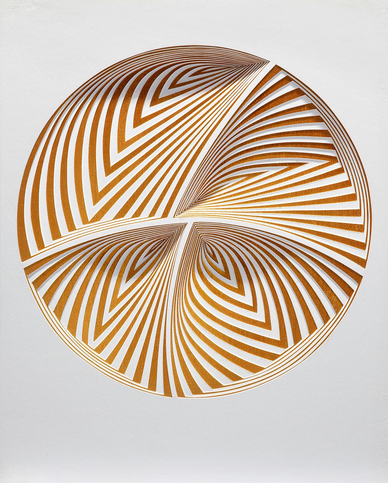 Elizabeth Gregory-Gruen Abstract Sculpture - "Gold Circle - In", Hand Cut Paper Wall Relief Sculpture, Abstract