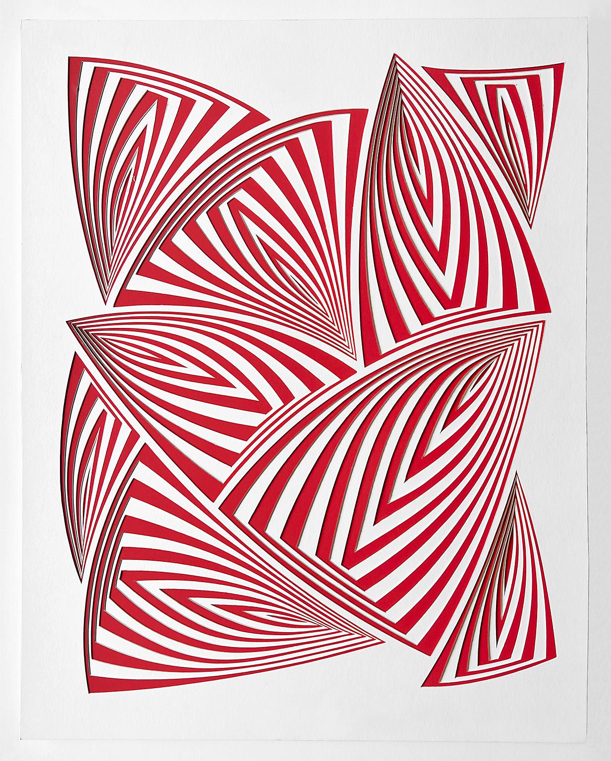Abstract Sculpture Elizabeth Gregory-Gruen - « Red White All Over - In », sculpture murale en relief en papier découpé à la main, abstrait