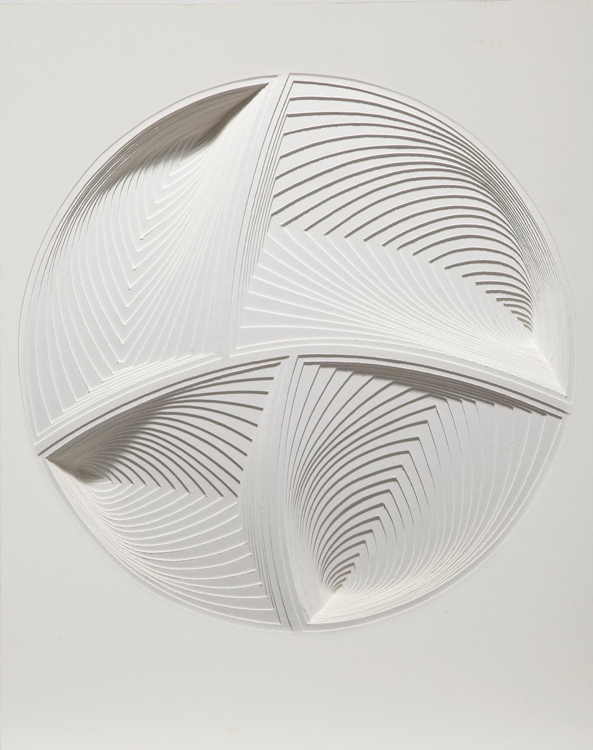 Elizabeth Gregory-Gruen Abstract Sculpture - "White Circle - In", Hand Cut Paper Wall Relief Sculpture, Abstract