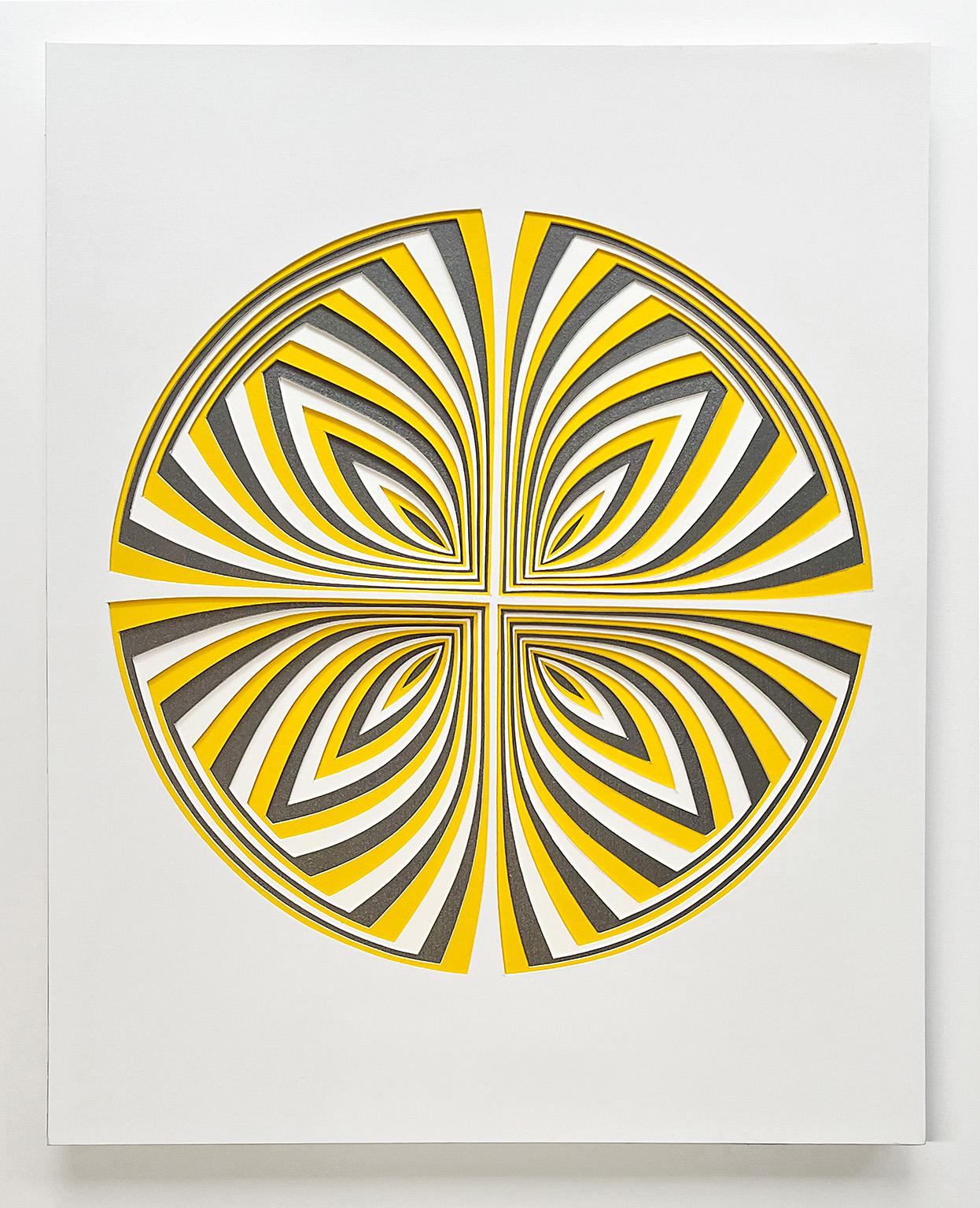 Elizabeth Gregory-Gruen Abstract Sculpture - "Yellow Graphite - In", Hand Cut Paper Wall Relief Sculpture, Abstract