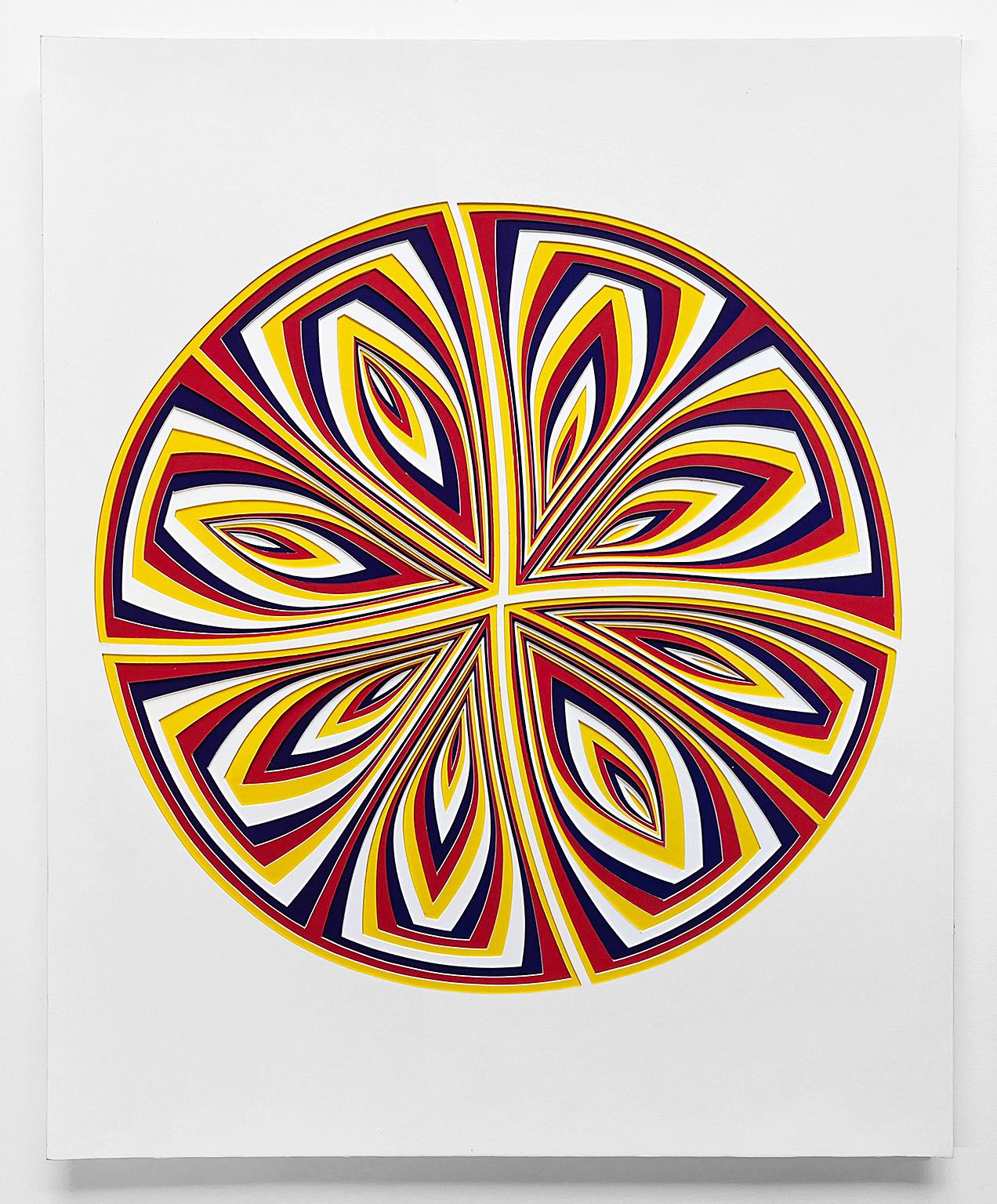 Elizabeth Gregory-Gruen Abstract Sculpture - "Yellow Red Cobalt - In", Hand Cut Paper Wall Relief Sculpture, Abstract