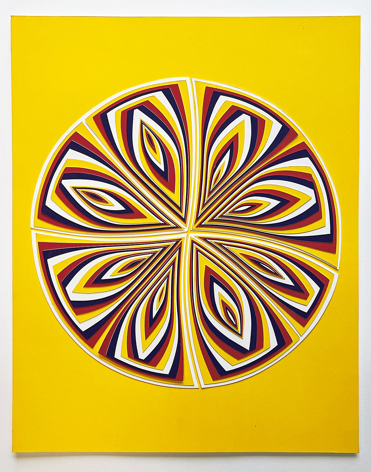 Elizabeth Gregory-Gruen Abstract Sculpture - "Yellow Red Cobalt - Out", Hand Cut Paper Wall Relief Sculpture, Abstract