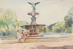 Fountain in Central Park, Illustrative 1940s Watercolor by Elizabeth Gutman Kaye