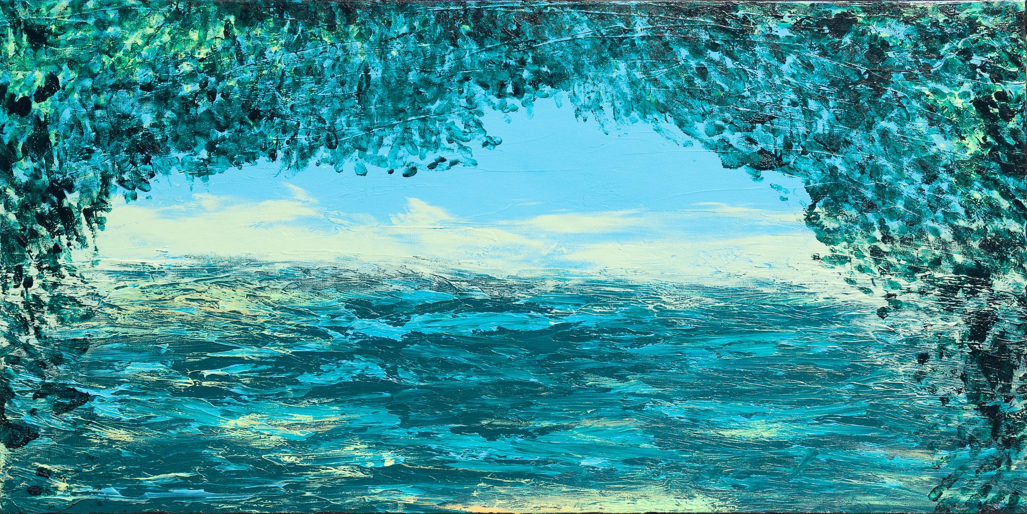 Landscape Painting de Elizabeth Hamilton - "Isla de los Capullos Rojos" Pintura de paisaje acuático junto al lago