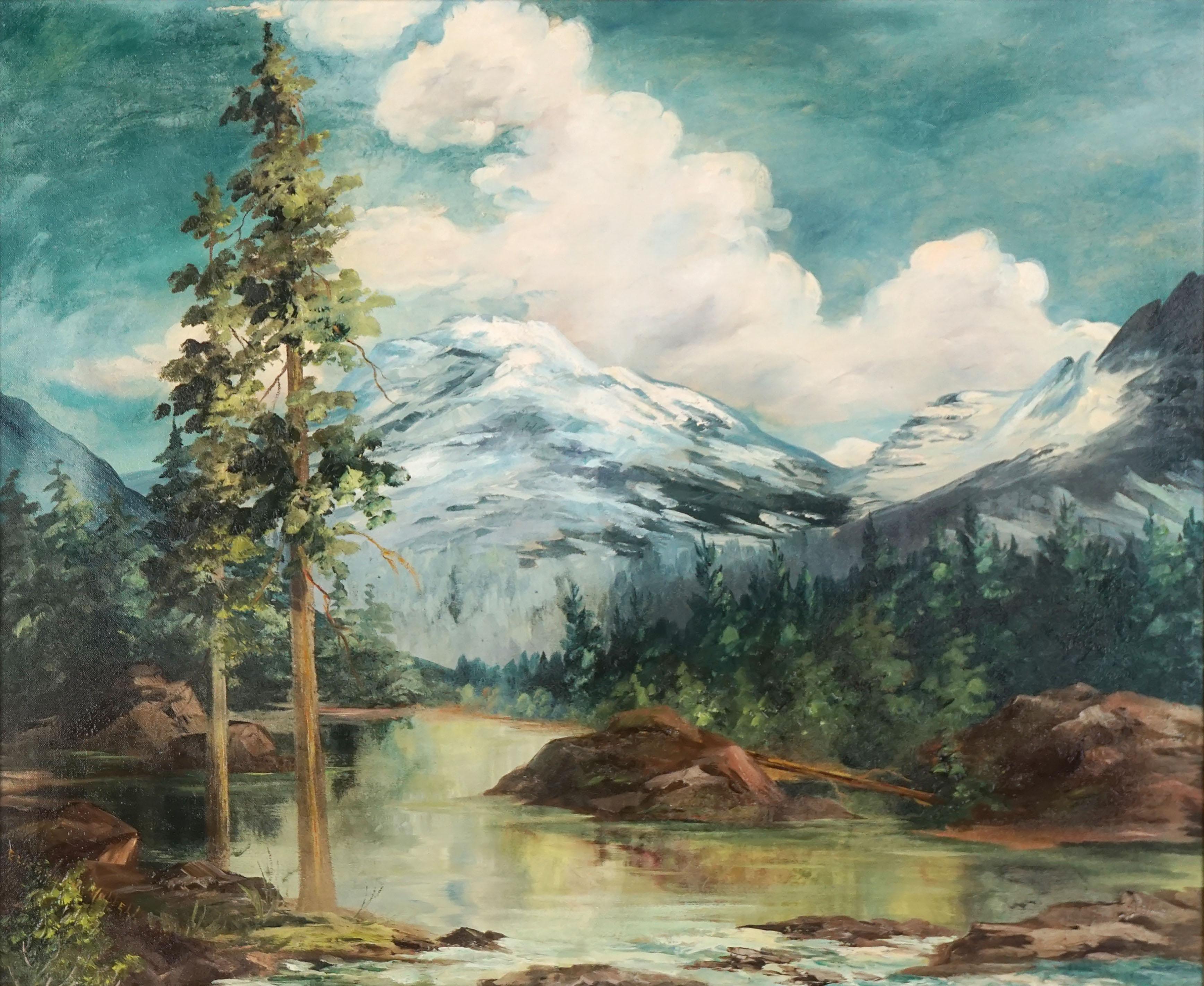 Mid Century Sierra Lake and Snow Capped Mountains Landscape - Painting by Elizabeth Hubbell