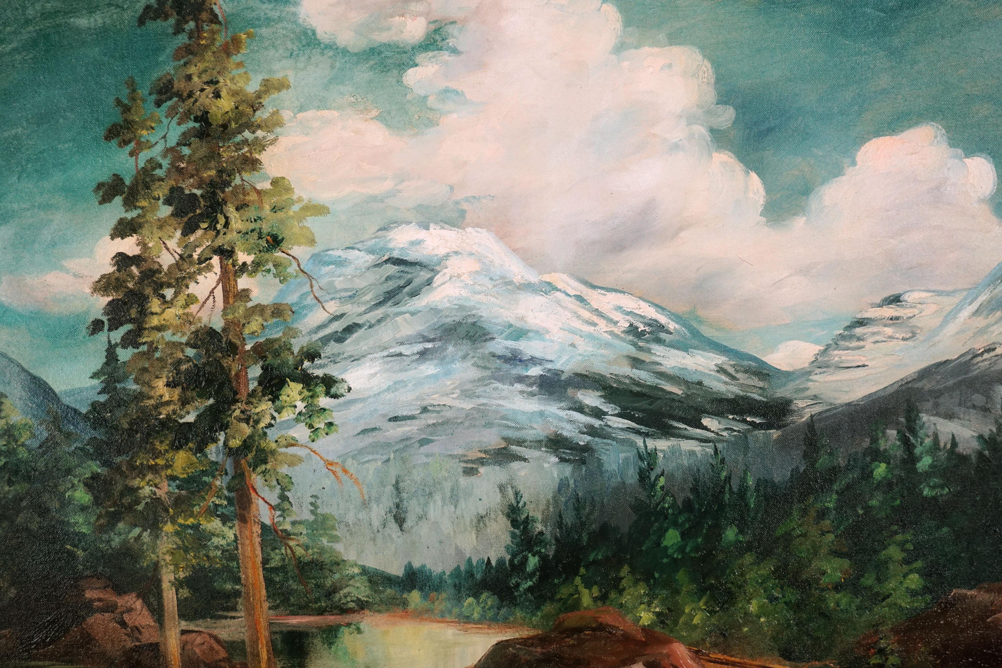 Paysage de la Sierra, lac et montagnes enneigées du milieu du siècle dernier - Impressionnisme américain Painting par Elizabeth Hubbell