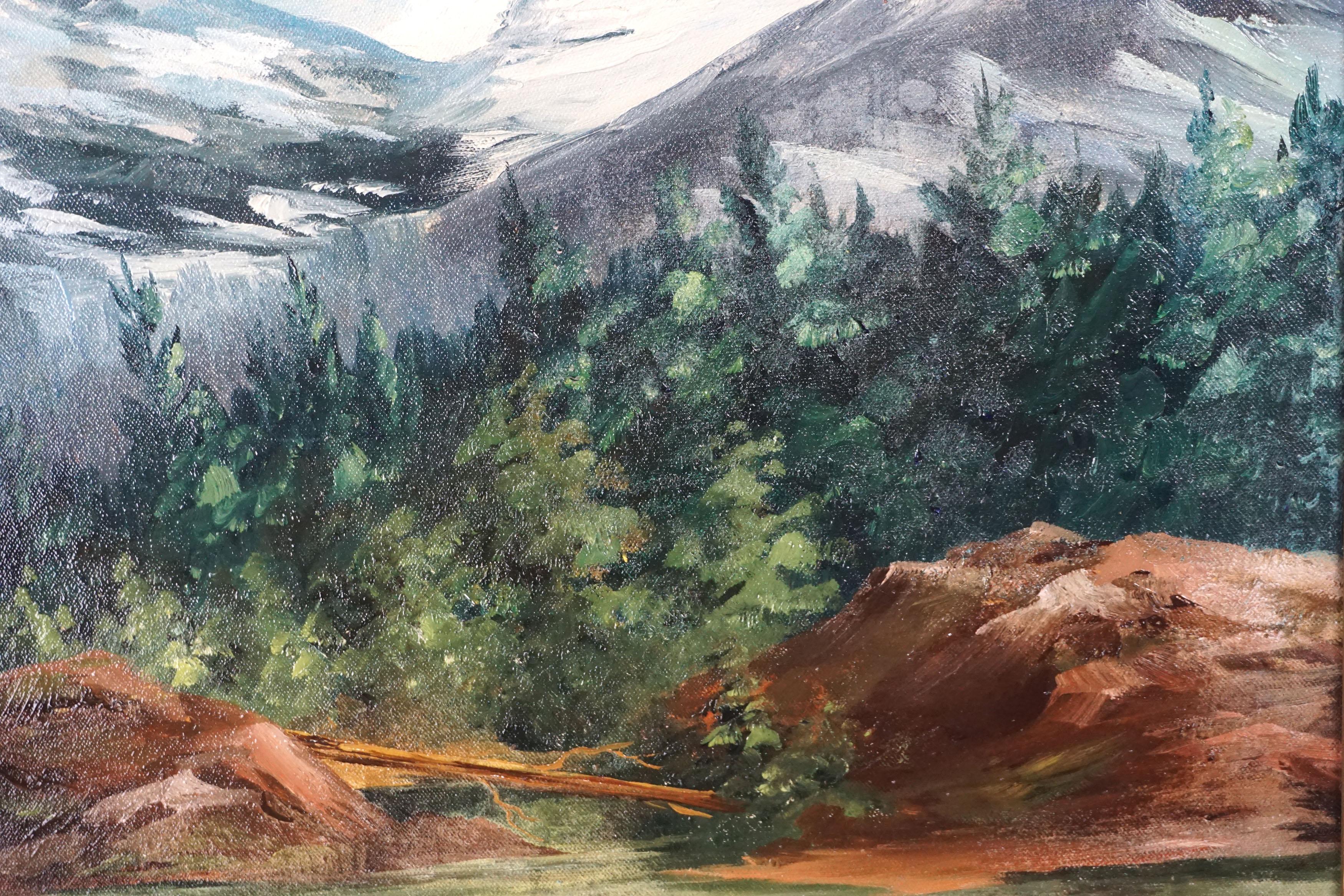 Paysage de la Sierra, lac et montagnes enneigées du milieu du siècle dernier - Gris Landscape Painting par Elizabeth Hubbell