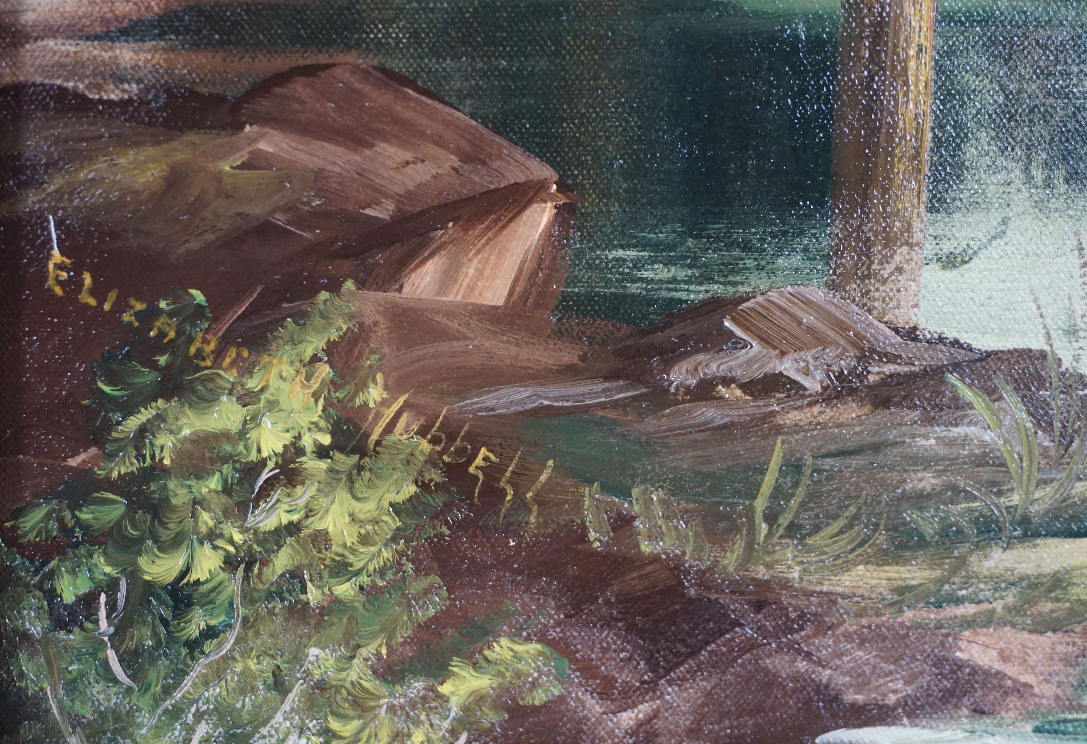 Magnifique paysage du milieu du siècle, Sierra Mountains avec lac et séquoias, de l'artiste de Californie du Sud Elizabeth Hubbell (américaine, 1905-1999), vers 1960.  Signé en bas à gauche. Présenté dans un cadre rustique en bois doré. Taille de