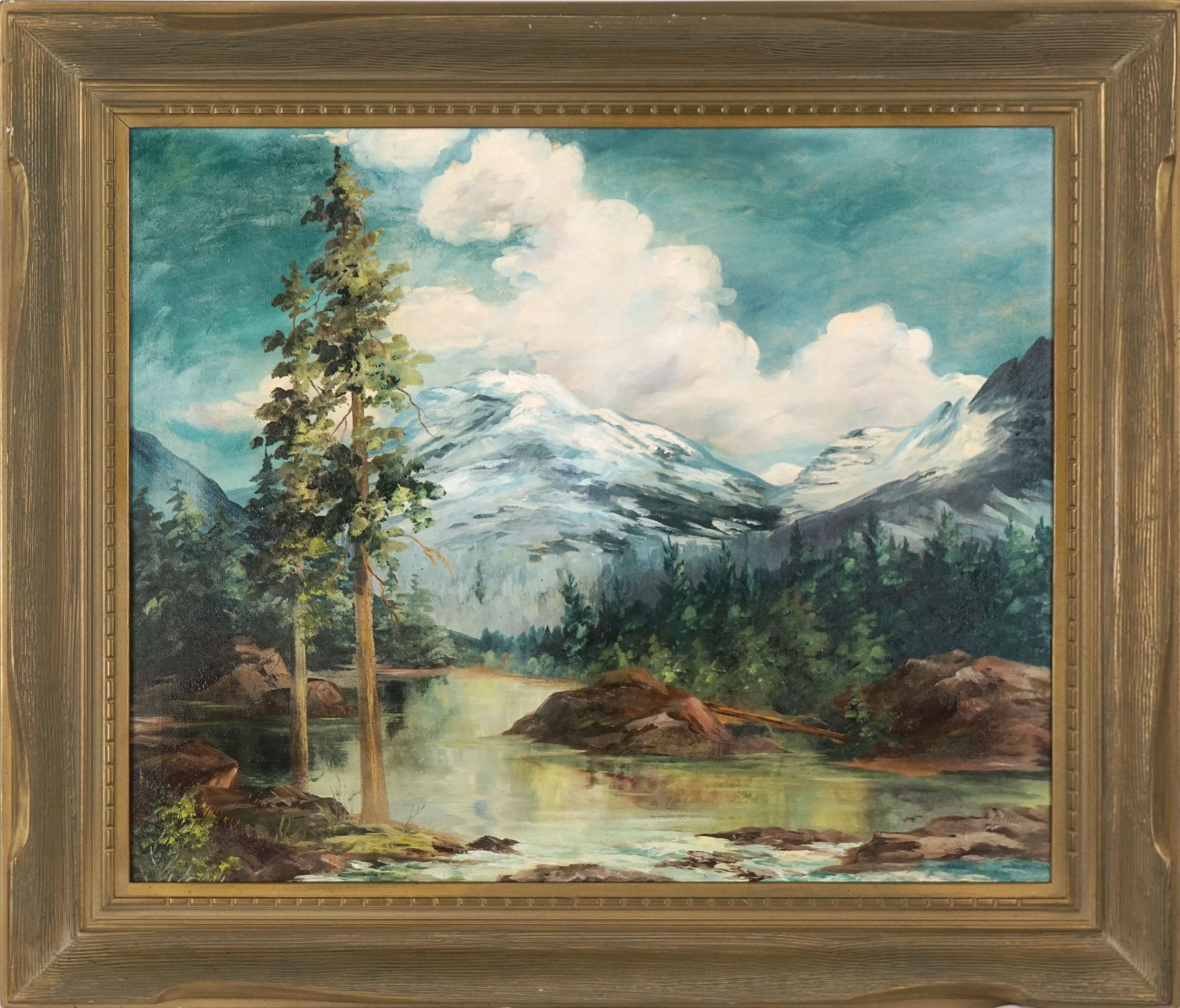 Landscape Painting Elizabeth Hubbell - Paysage de la Sierra, lac et montagnes enneigées du milieu du siècle dernier