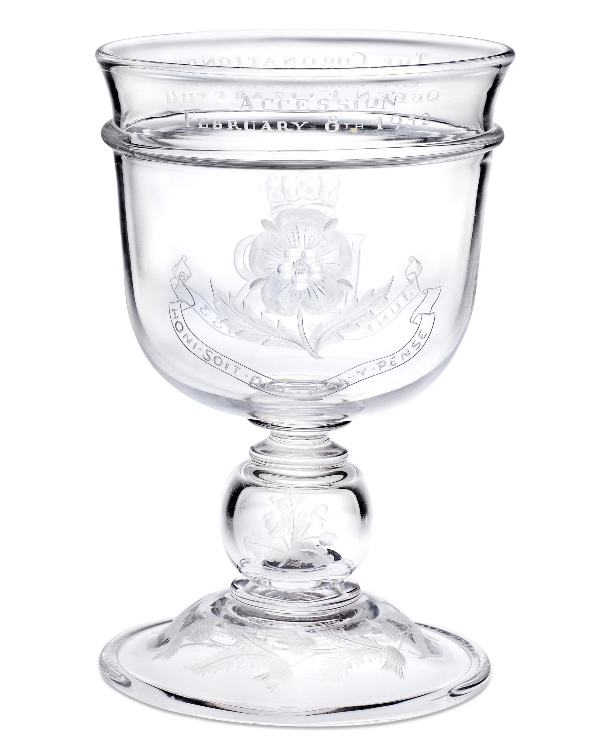 This impressive engraved goblet was created to celebrate Queen Elizabeth II's accession to the throne of England and coronation. Crafted by Thomas Goode & Co. around the coronation on June 2nd 1953, this vessel would have been a treasured souvenir