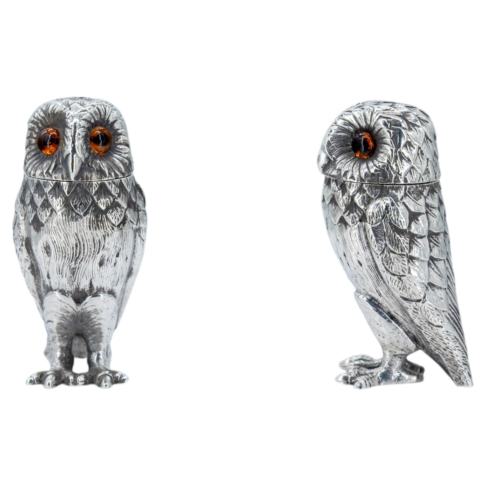 Elizabeth II English Silver Owl Pair Of Salt Shakers By Richard Comyns London