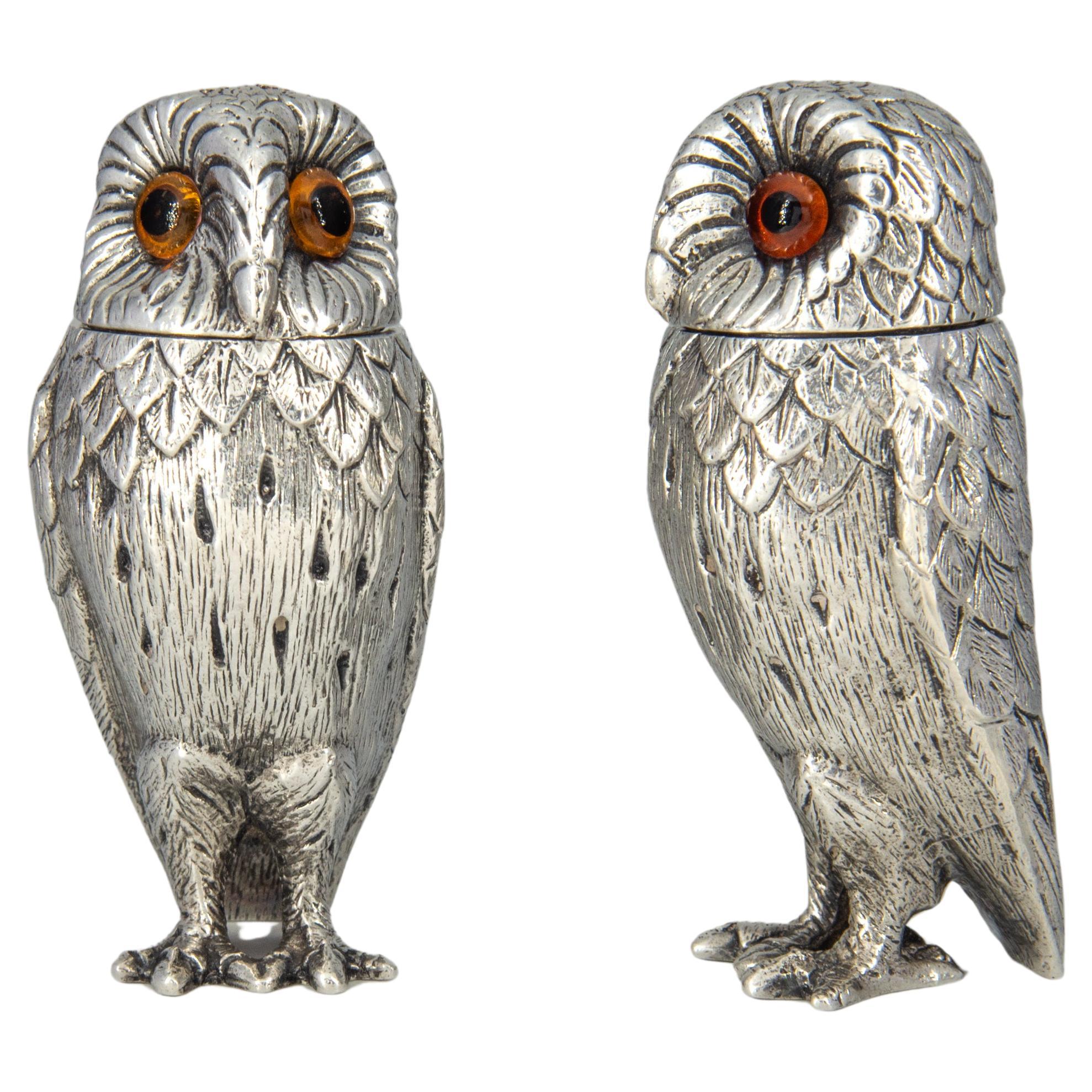 Elizabeth II English Silver Owl Salt & Pepper Set By Richard Comyns London 1960 For Sale
