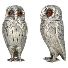 Retro Elizabeth II English Silver Owl Salt & Pepper Set By Richard Comyns London 1960