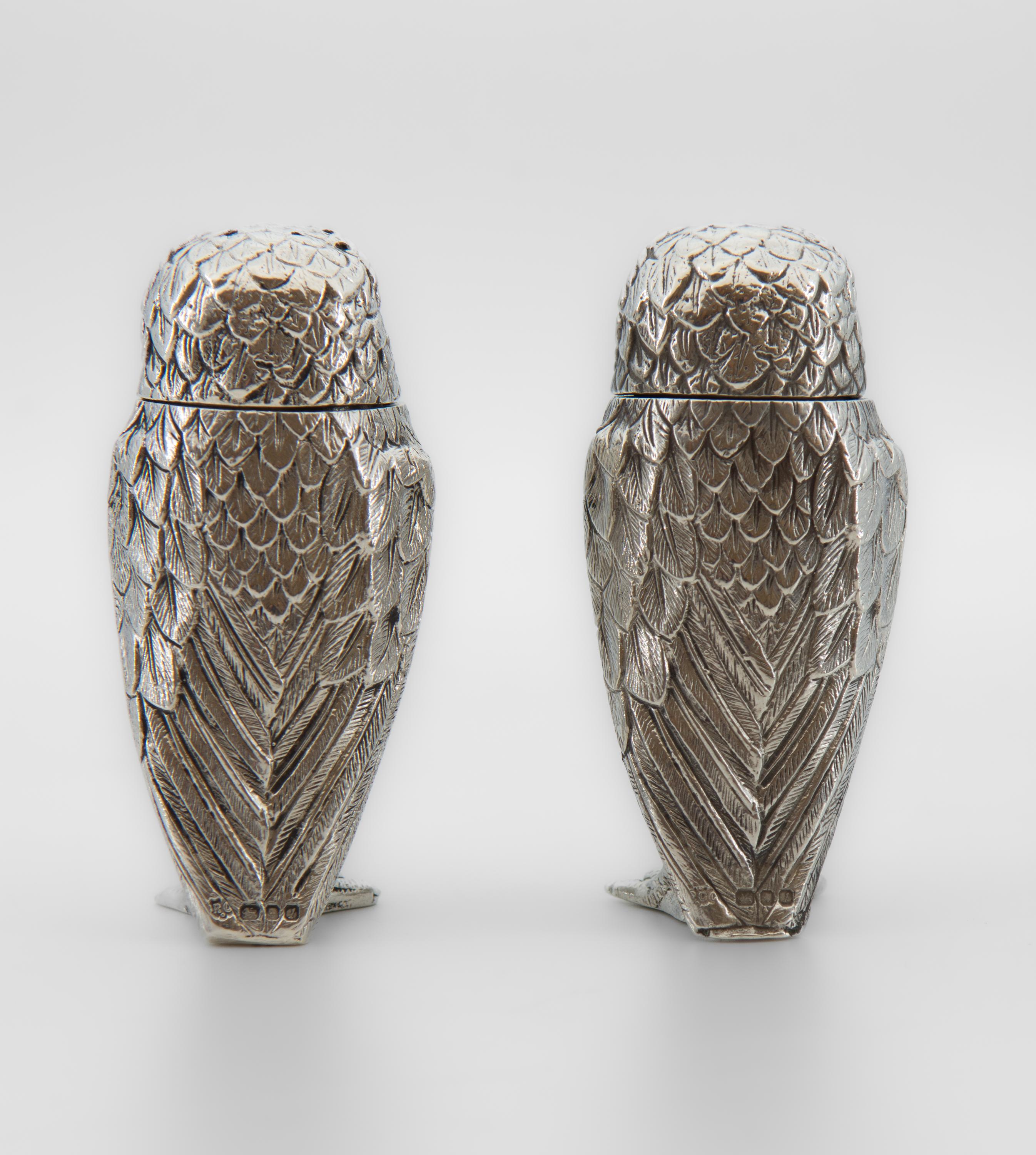 Mid-Century Modern Elizabeth II English Silver Owl Salt & Pepper Set By Richard Comyns London 1966