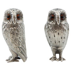 Vintage Elizabeth II English Silver Owl Salt & Pepper Set By Richard Comyns London 1966