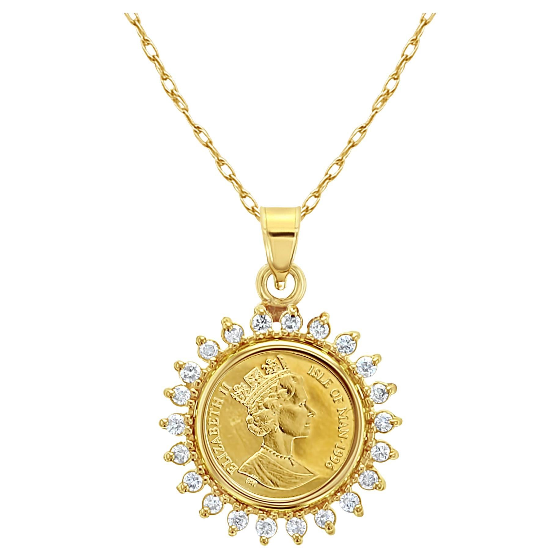 Elizabeth II Isle of Man Gold Coin Necklace with Diamond Halo For Sale