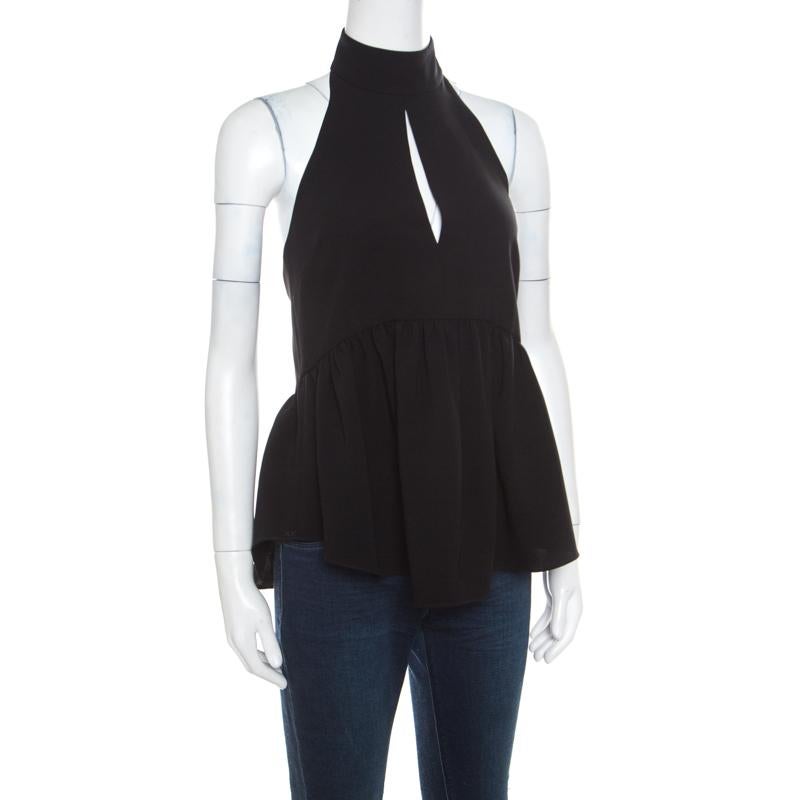 Elevate your evening closet with this Elizabeth & James top. It is crafted with black-colored fabric with a stylishly designed halter neckline. This backless top, accented with a cutout on the front and a slight peplum look, will lend a chic finish