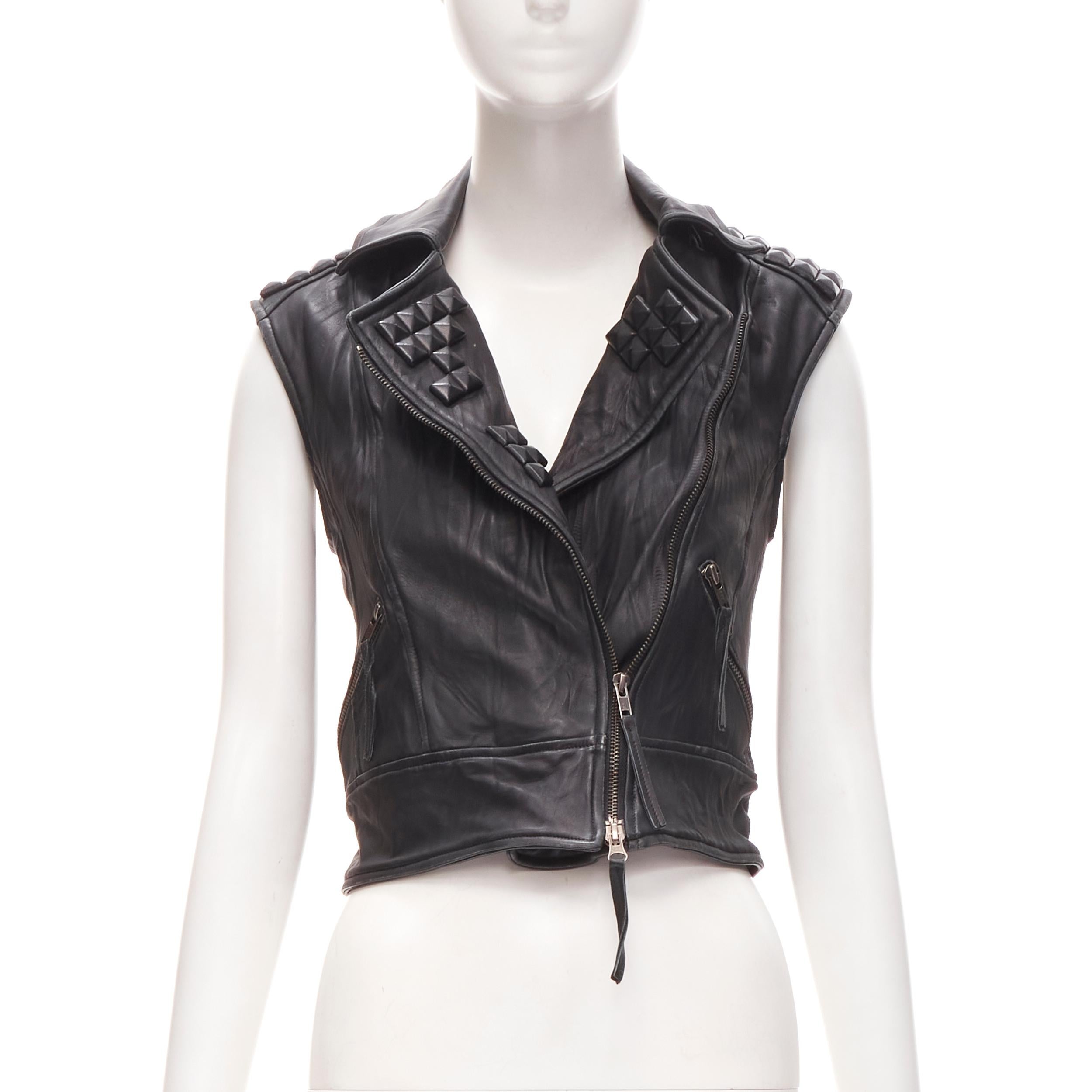 ELIZABETH JAMES black leather wrapped square stud biker vest jacket XS In Excellent Condition In Hong Kong, NT