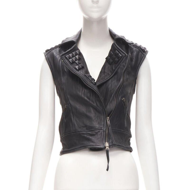 Black ELIZABETH JAMES black leather wrapped square stud biker vest jacket XS For Sale