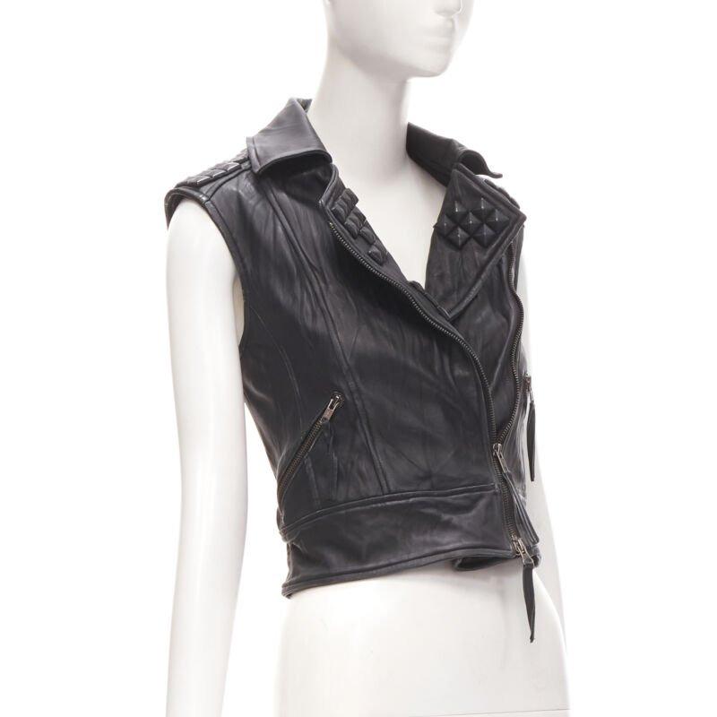 ELIZABETH JAMES black leather wrapped square stud biker vest jacket XS In Excellent Condition For Sale In Hong Kong, NT