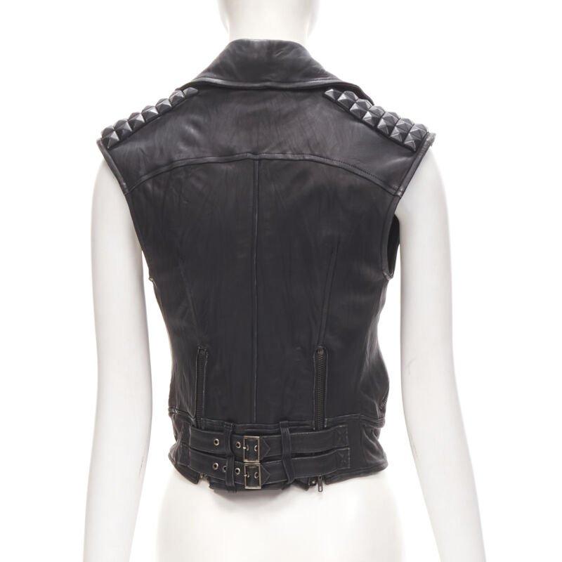 ELIZABETH JAMES black leather wrapped square stud biker vest jacket XS For Sale 1