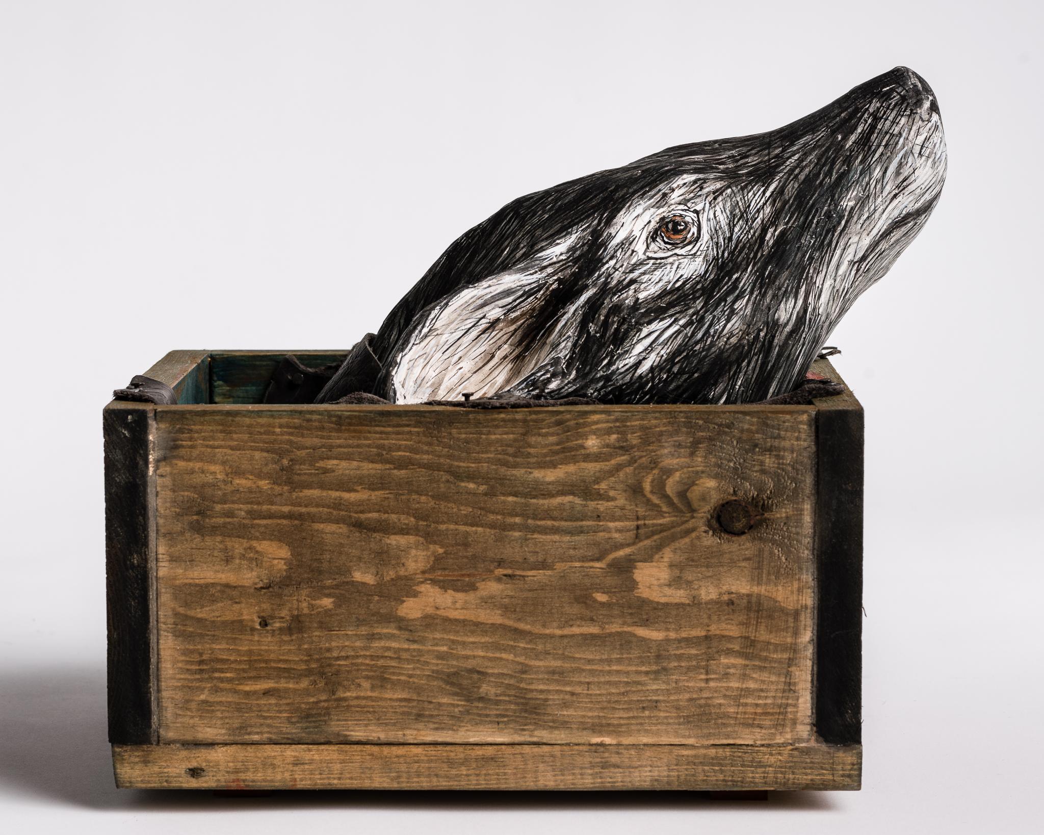 Sculpture de tête de cerf dans une boîte en bois : 