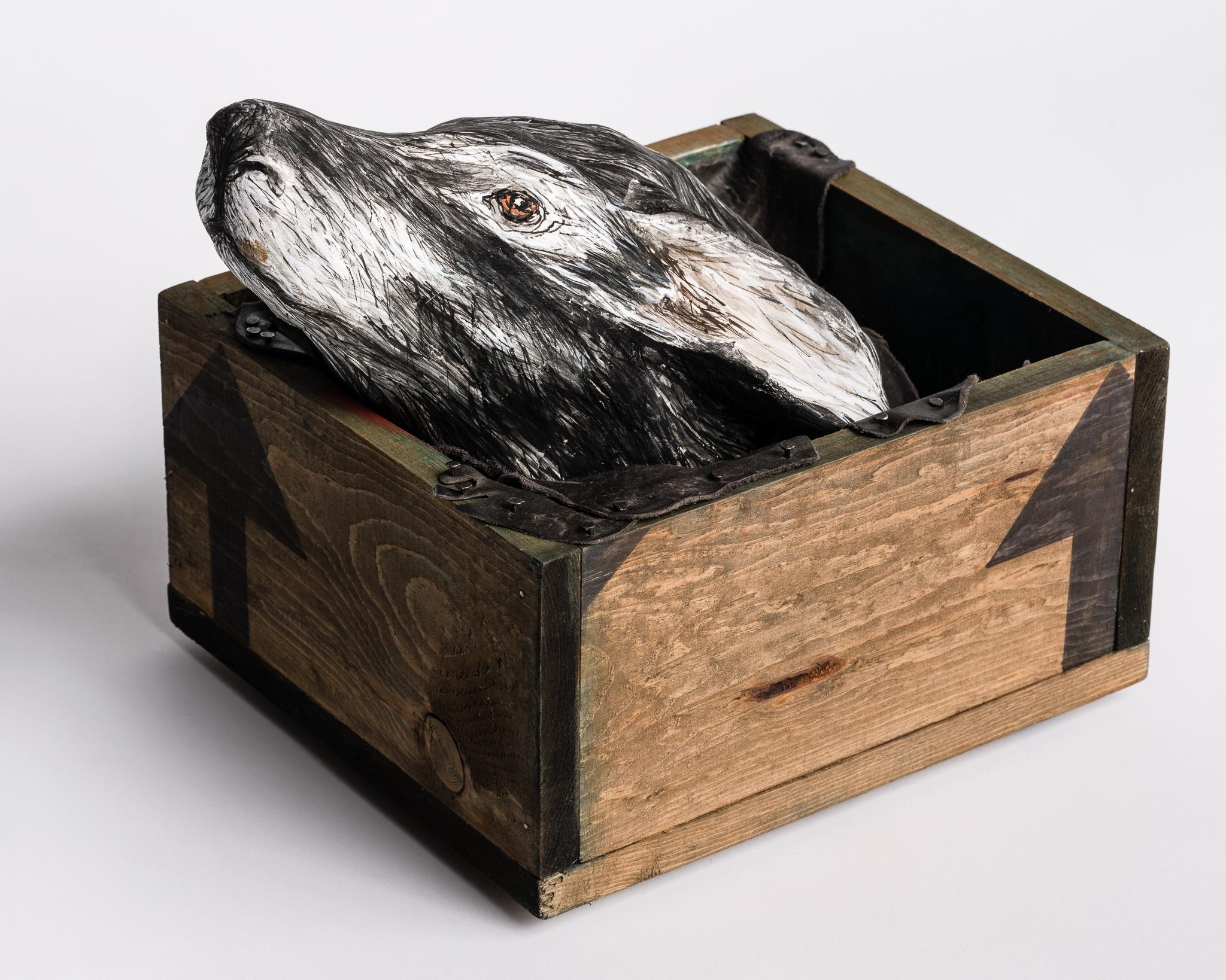 Elizabeth Jordan Figurative Sculpture - Sculpture of Deer head in wood box: 'Free me from the earth'