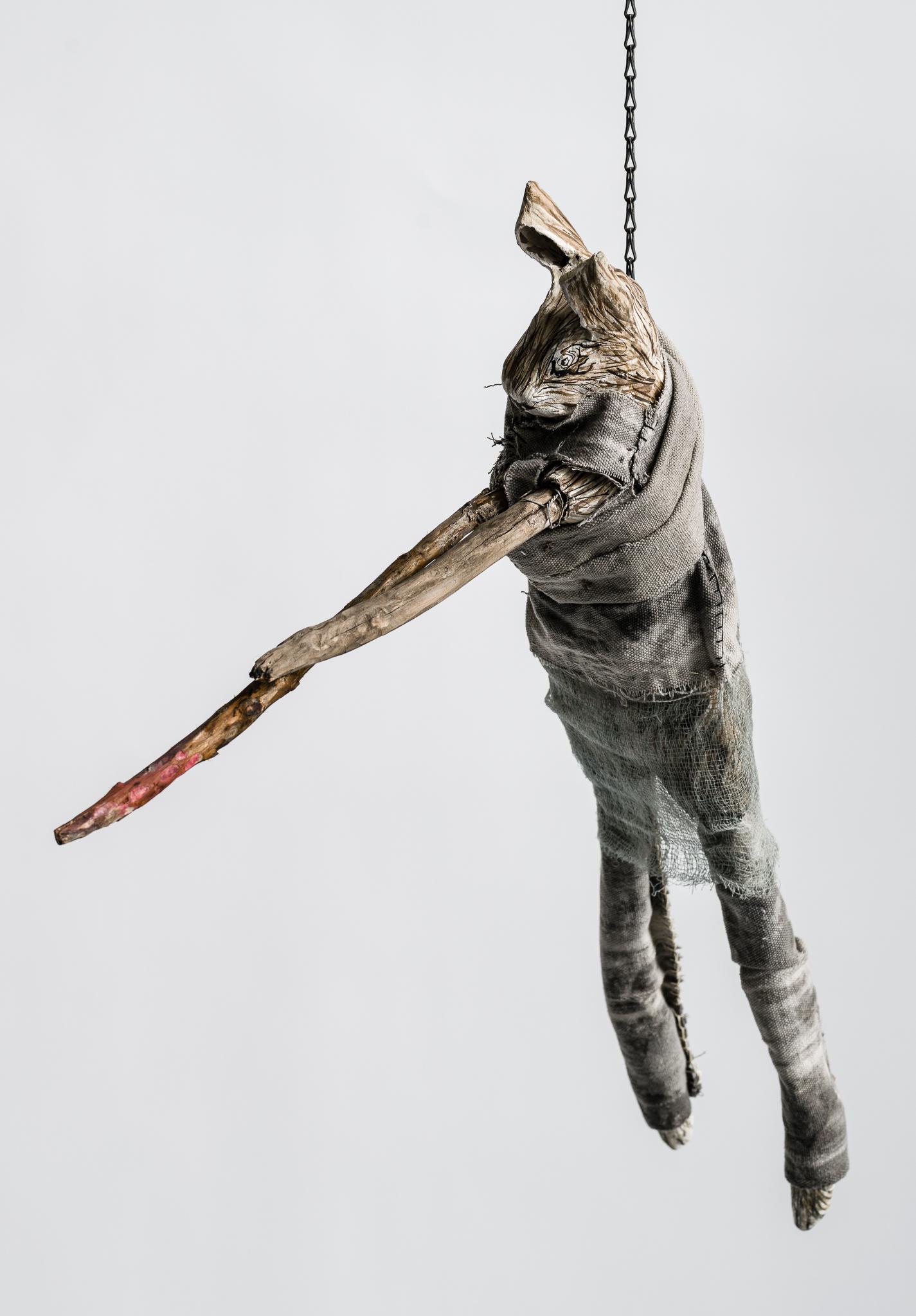 Sculpture of hare suspended from chain: 'Children 10' - Mixed Media Art by Elizabeth Jordan