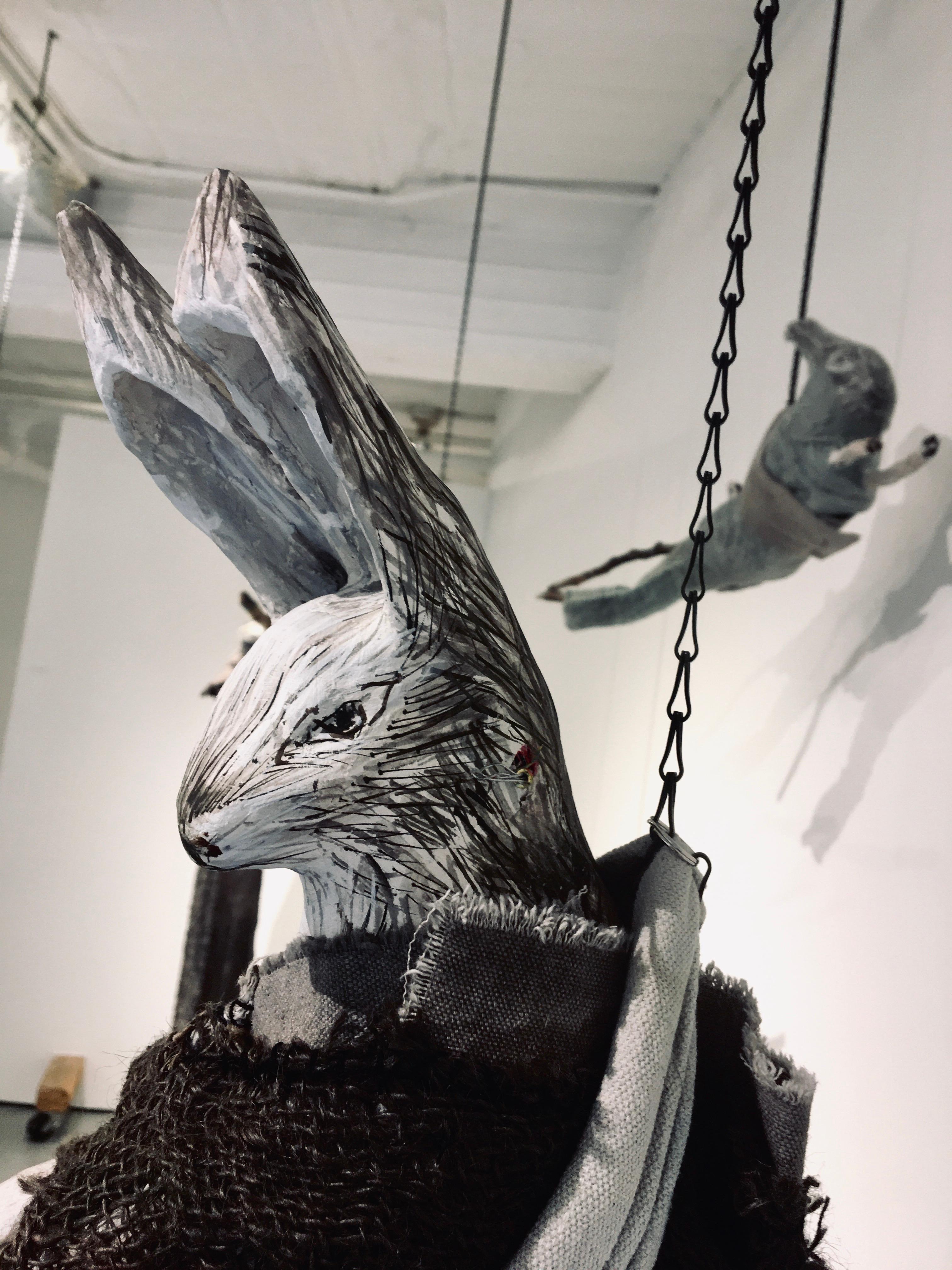 Sculpture of hare suspended from chain: 'Children 3' 2