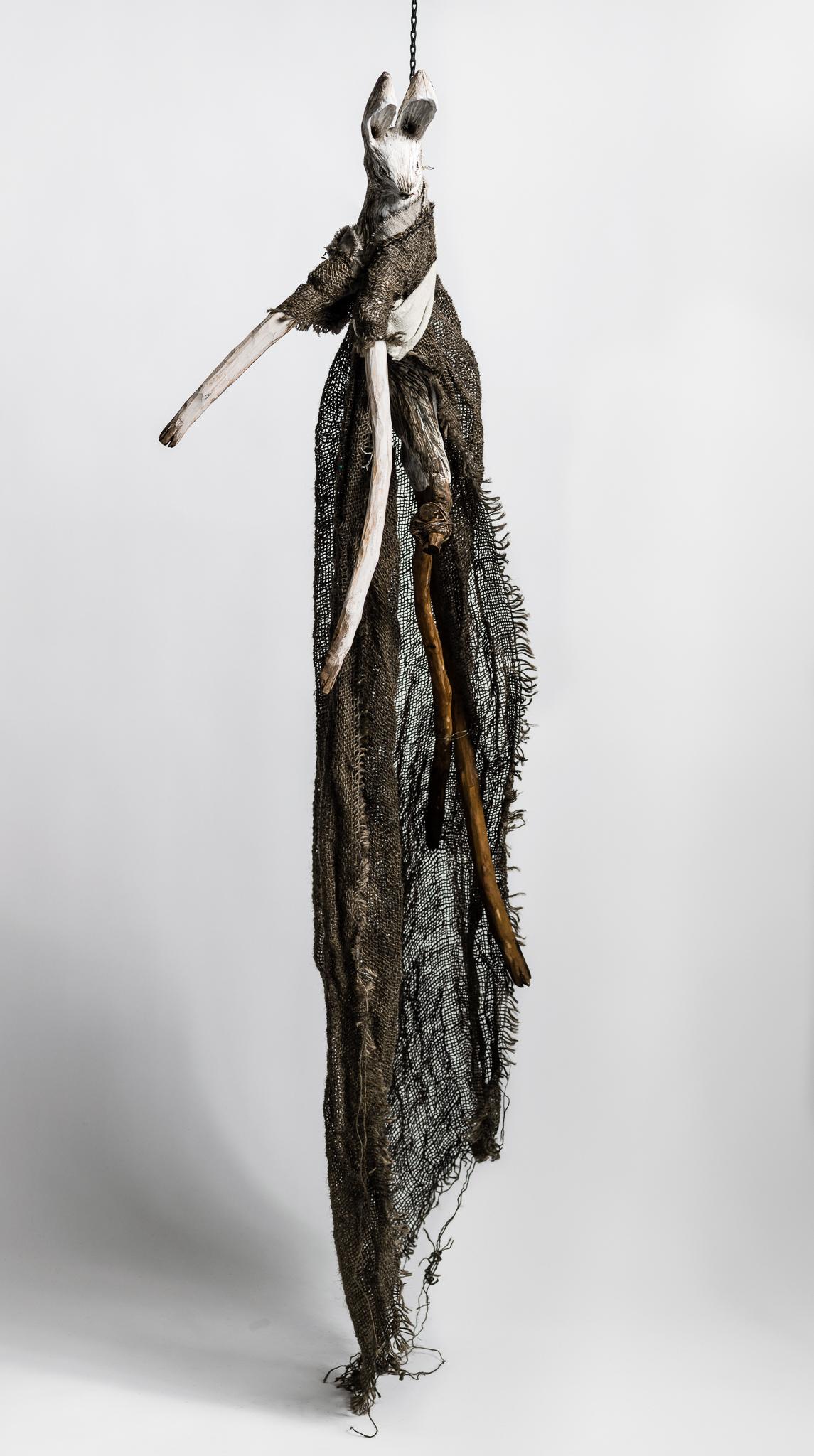 Elizabeth Jordan Figurative Sculpture - Sculpture of hare suspended from chain: 'Children 3'