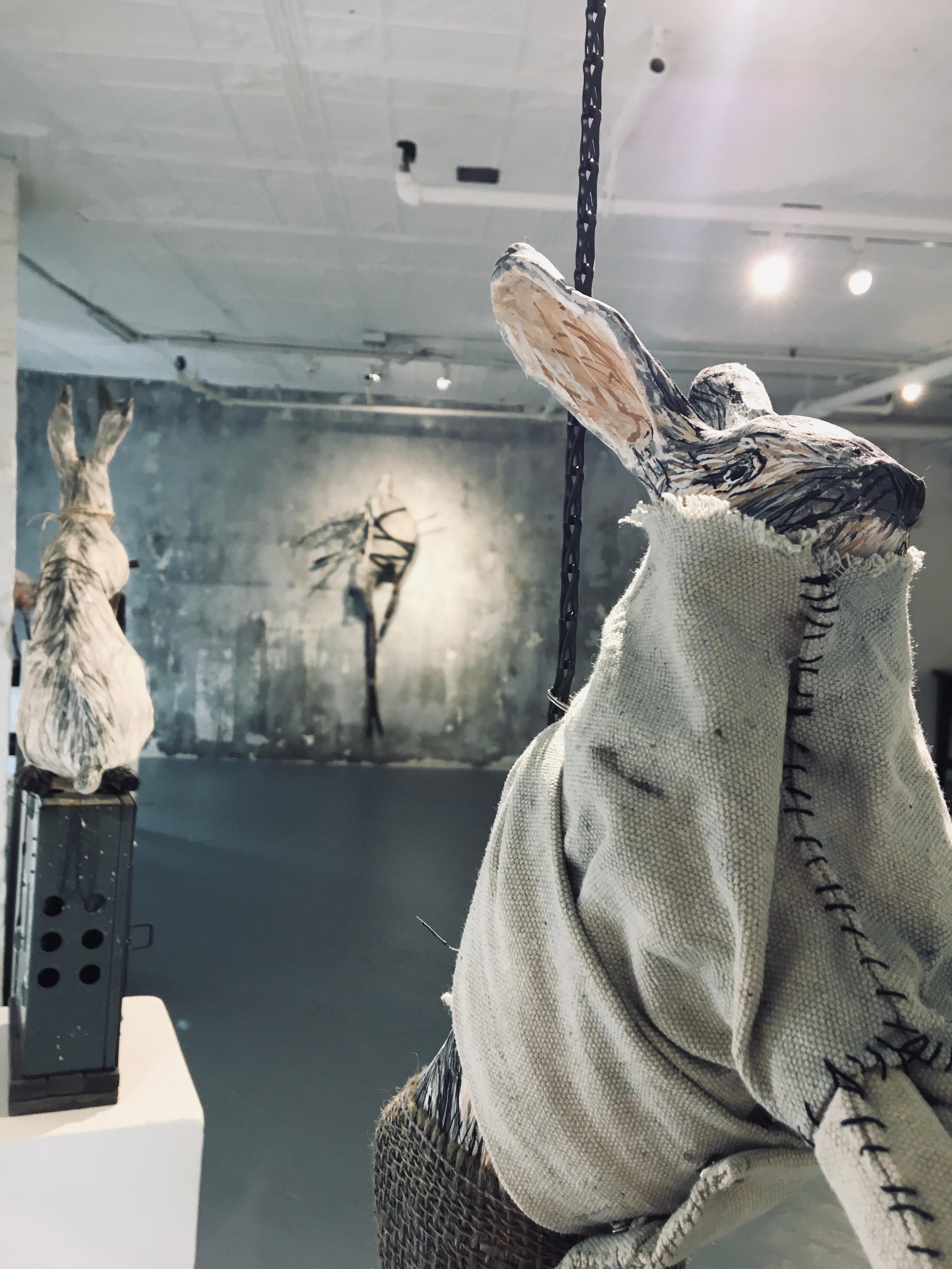 Sculpture of hare suspended from chain: 'Children 4' - Contemporary Mixed Media Art by Elizabeth Jordan