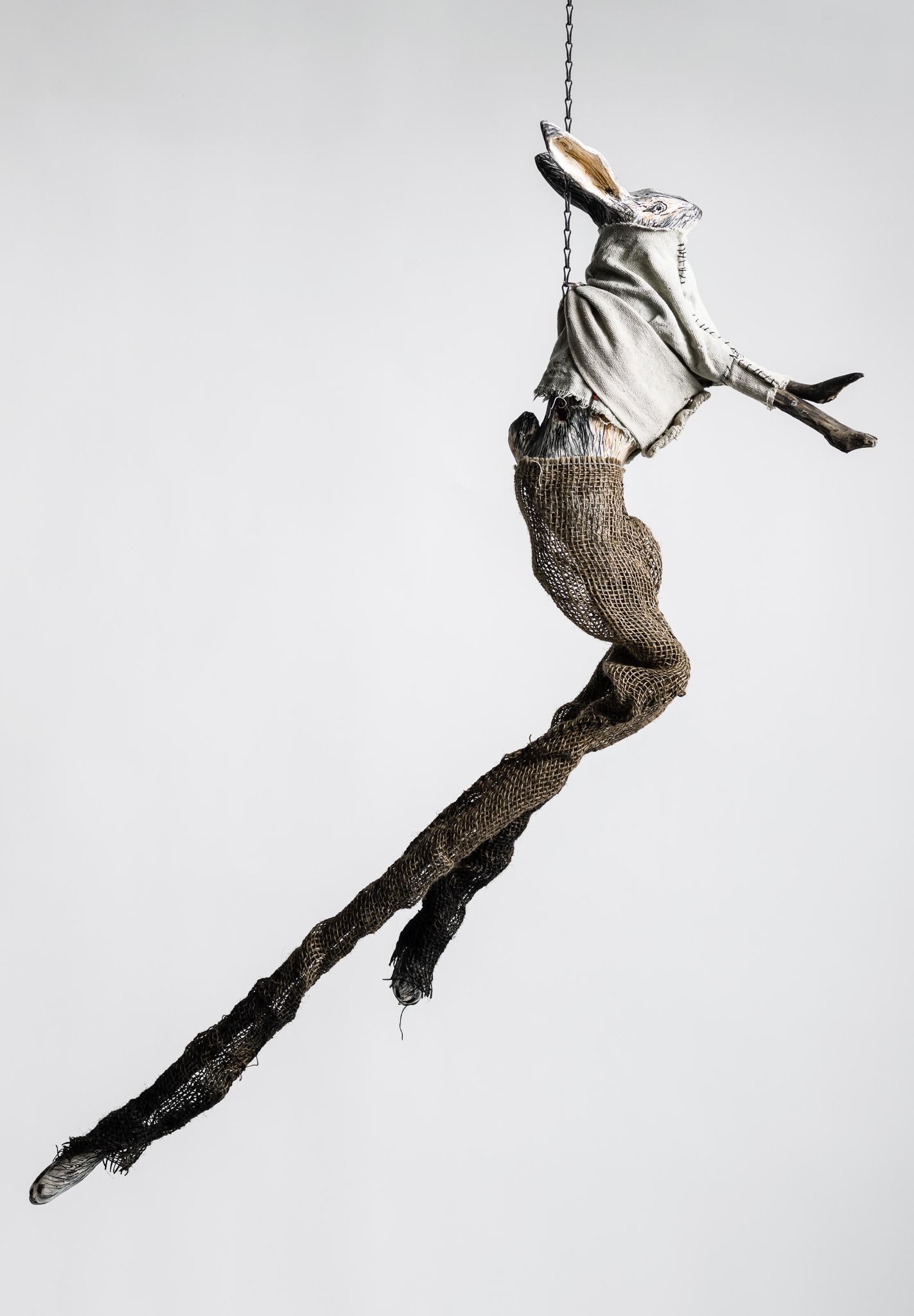 Sculpture of hare suspended from chain: 'Children 4' - Mixed Media Art by Elizabeth Jordan