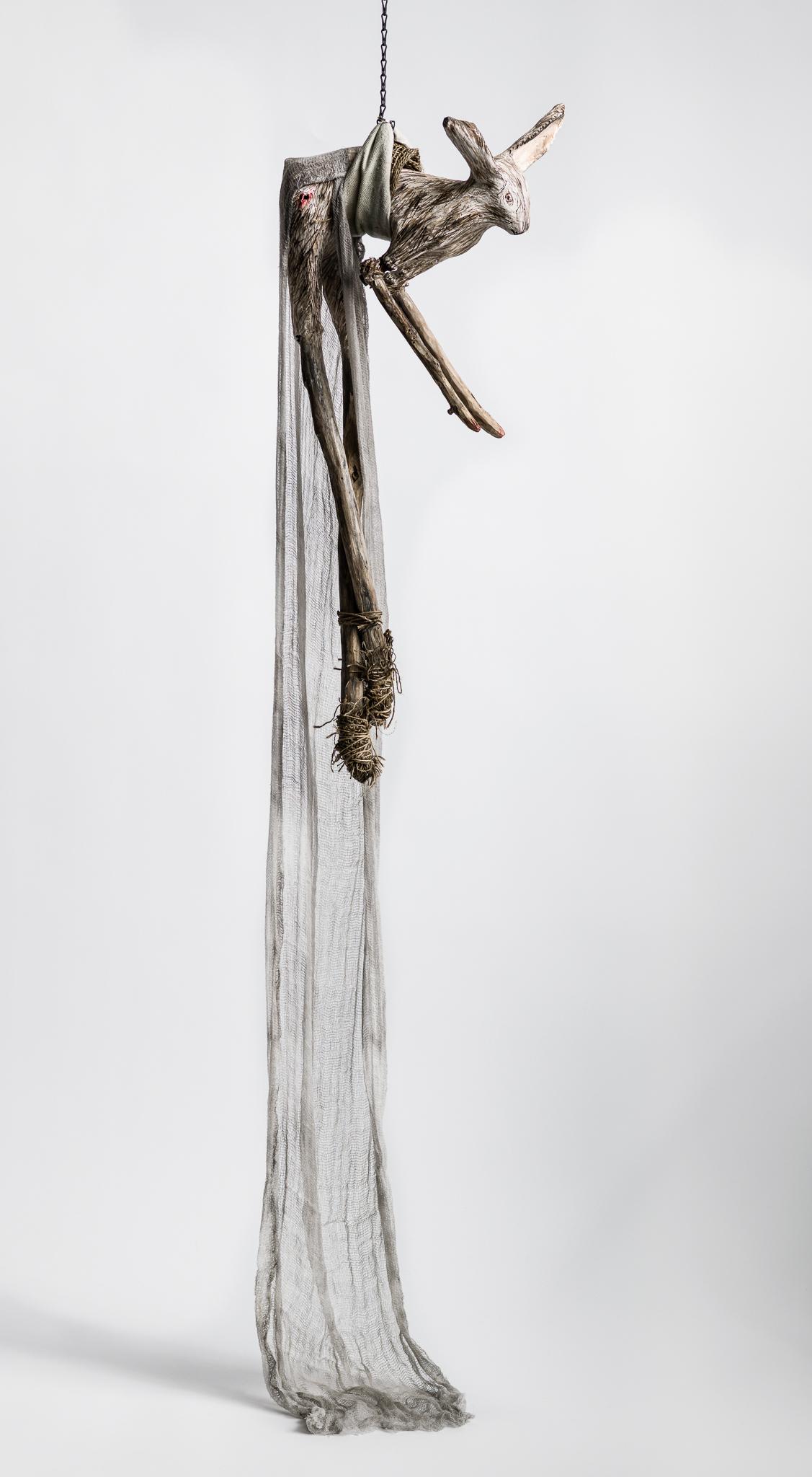 Sculpture of hare suspended from chain: 'Children 6' - Mixed Media Art by Elizabeth Jordan