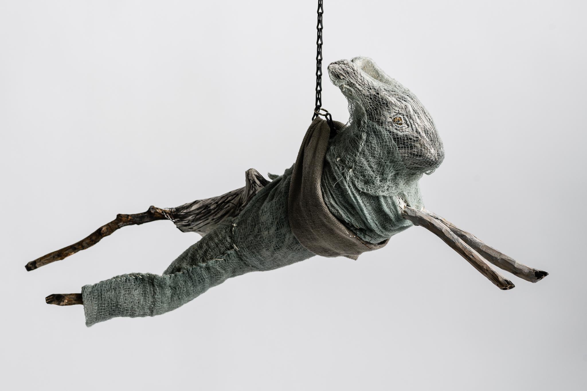 Elizabeth Jordan Figurative Sculpture - Sculpture of hare suspended from chain: 'Children 9'