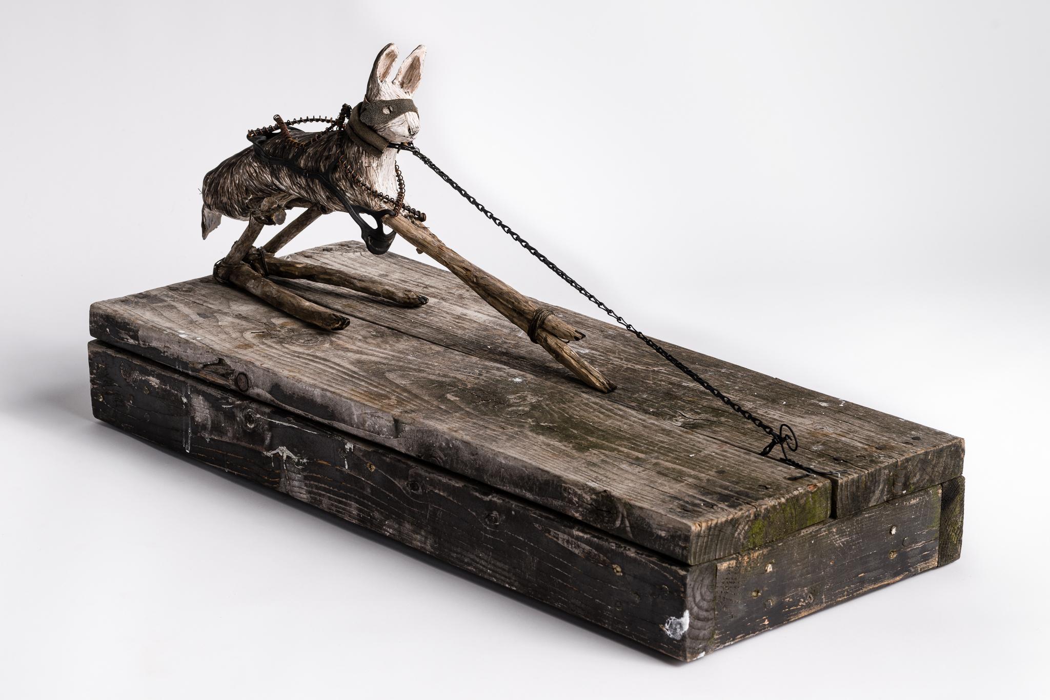 Sculpture of hare on wood base with mask on: 'Children 11' - Mixed Media Art by Elizabeth Jordan