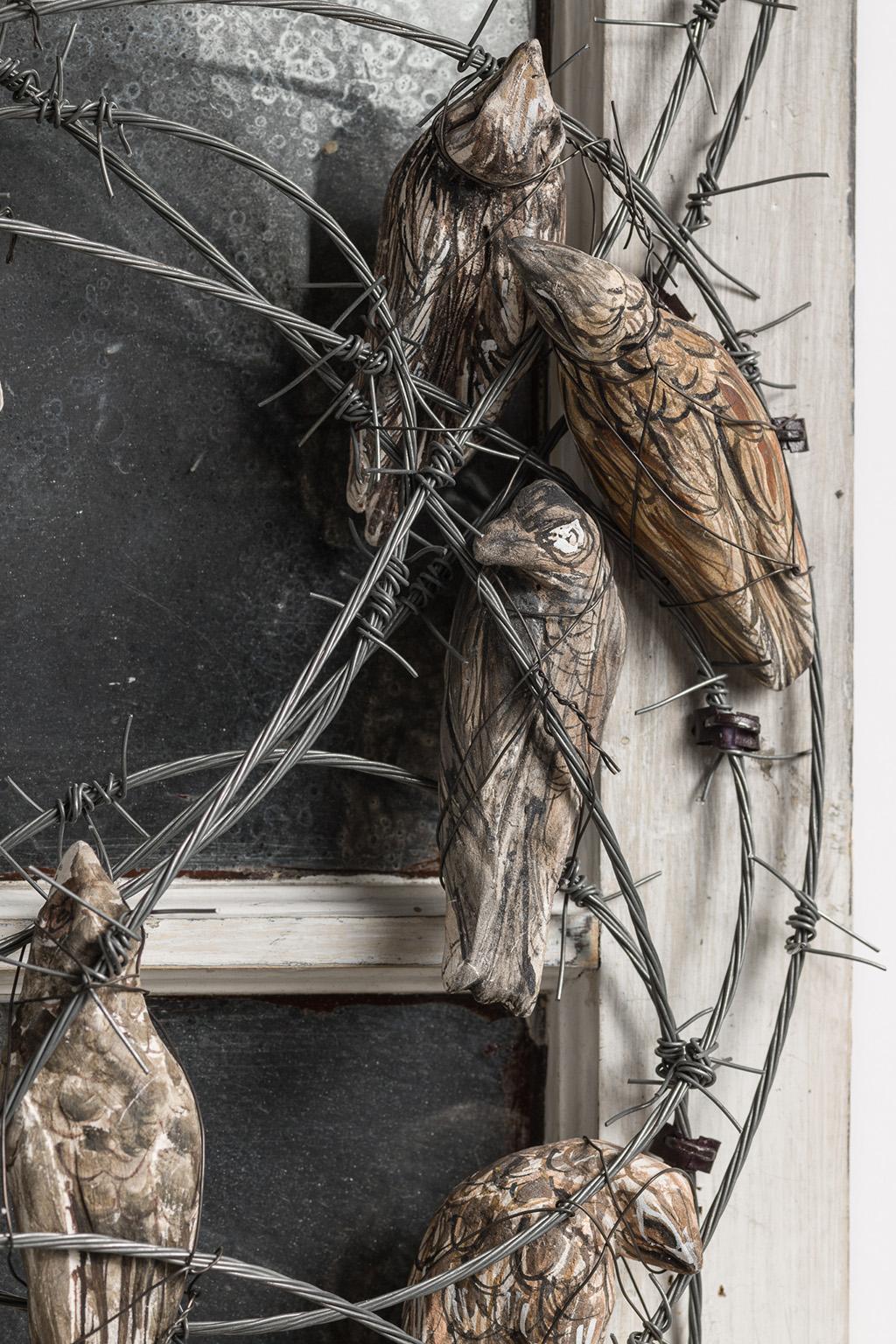 Window Frame with Birds & Barbwire: 'Wren Day' - Sculpture by Elizabeth Jordan