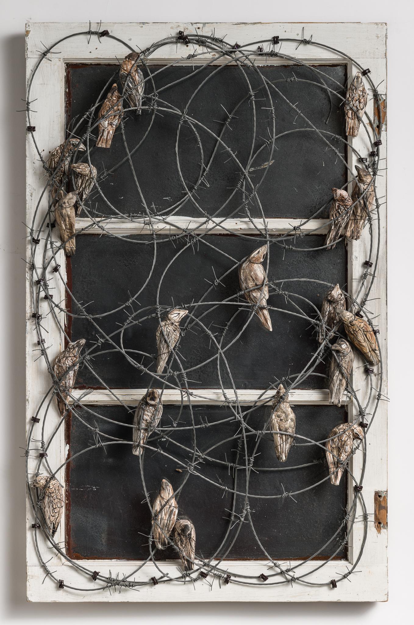 Window Frame with Birds & Barbwire: 'Wren Day'