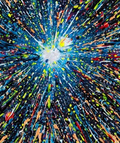 “Bang” blues, reds and greens a cosmic explosion, inspired by Hubble telescope