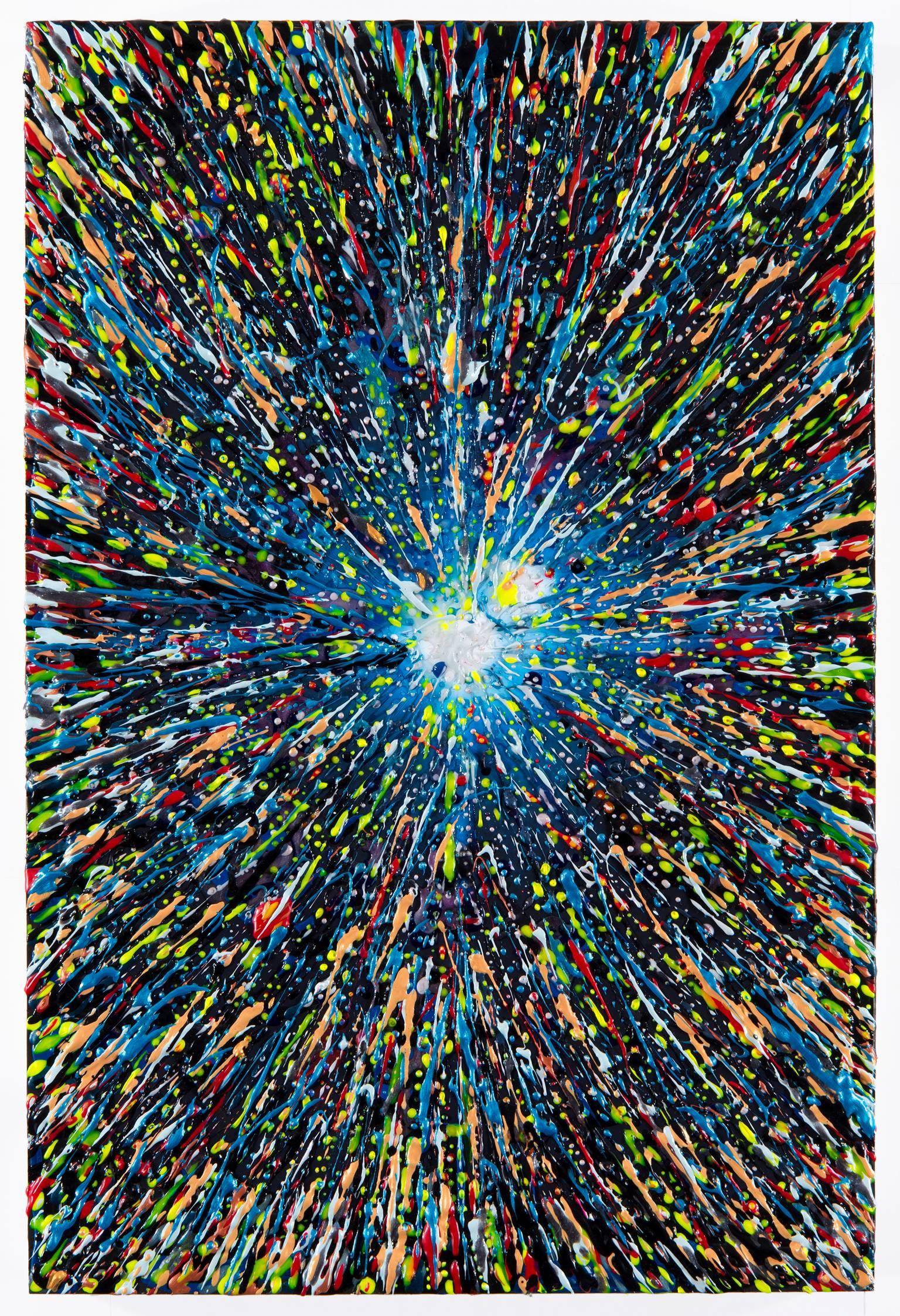 “Bang” blues, reds and greens a cosmic explosion, inspired by Hubble telescope - Painting by Elizabeth Knowles