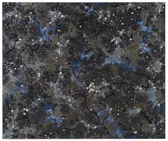 "Cosmic Concourse" textured blue and bronze circles twinkle in a black sky web