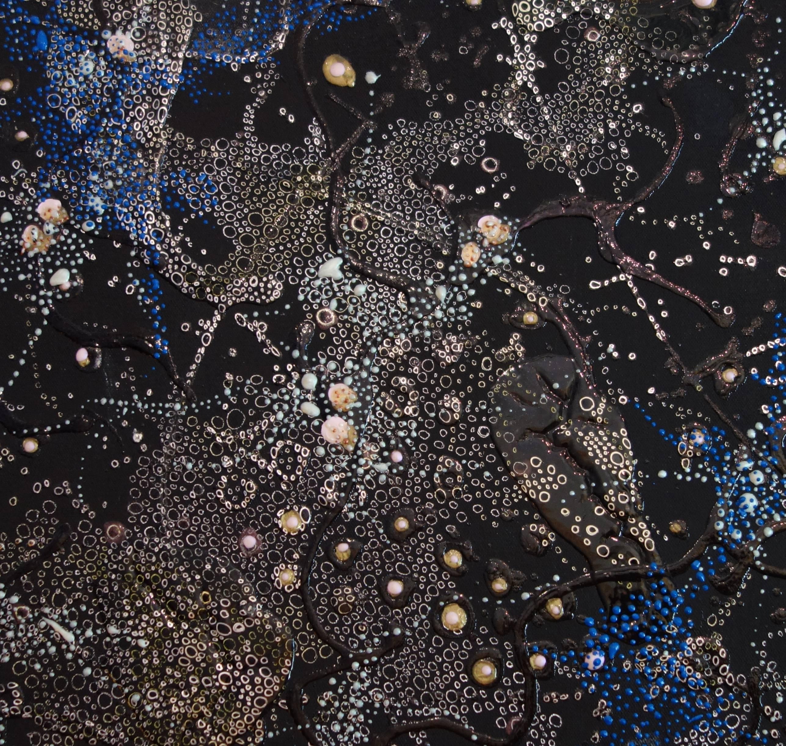 Elizabeth Knowles Abstract Painting - "Cosmic Concourse" textured blue and bronze circles twinkle in a black sky web 