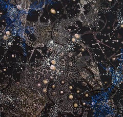 "Cosmic Concourse" textured blue and bronze circles twinkle in a black sky web 