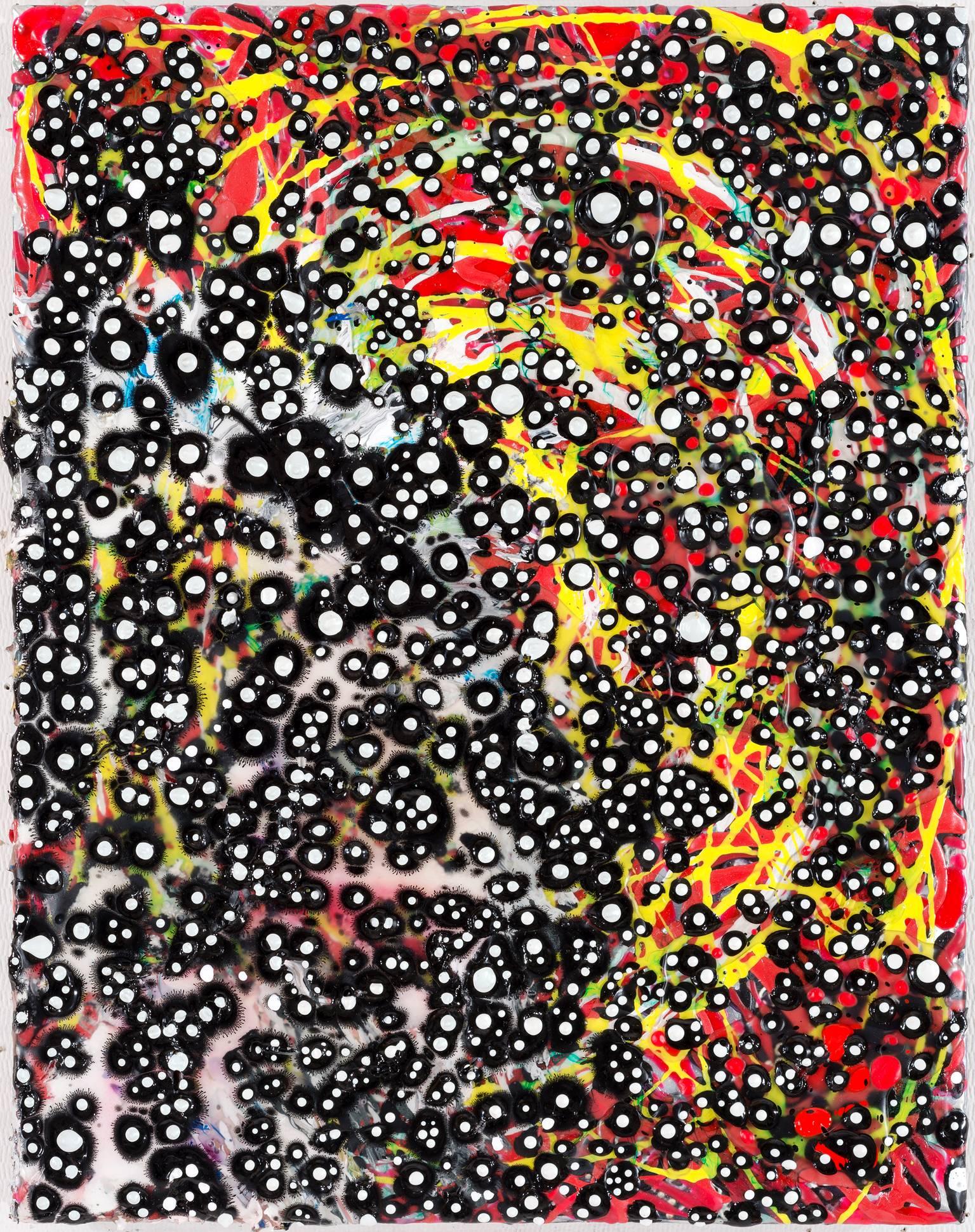 Elizabeth Knowles Abstract Painting - "Disperse", swirl patterns of black and white bubbles on a yellow and red ground