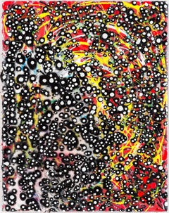 "Disperse", swirl patterns of black and white bubbles on a yellow and red ground
