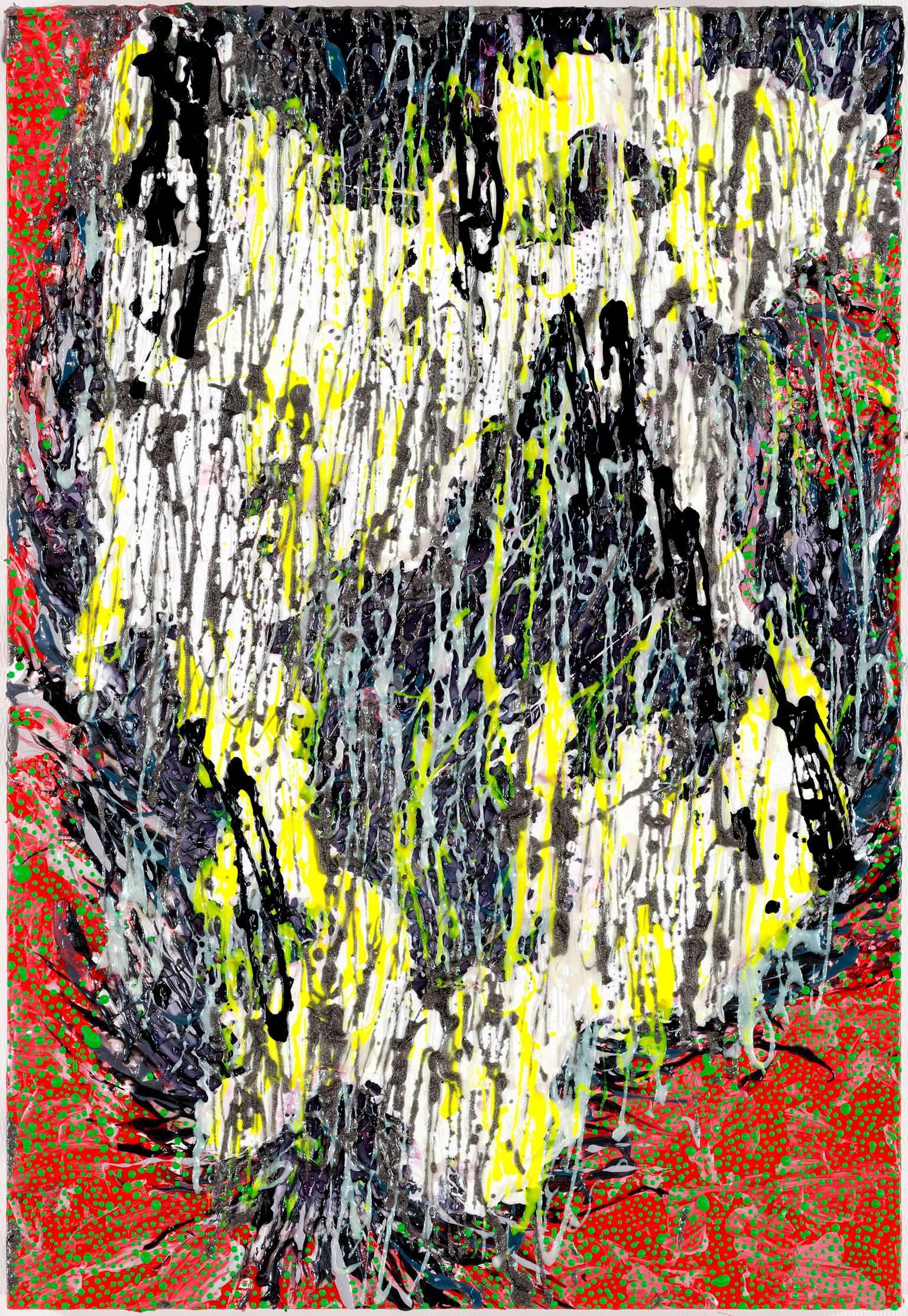 Elizabeth Knowles Abstract Painting - "Flux", dramatically textured earth surface in red and yellow, black and white