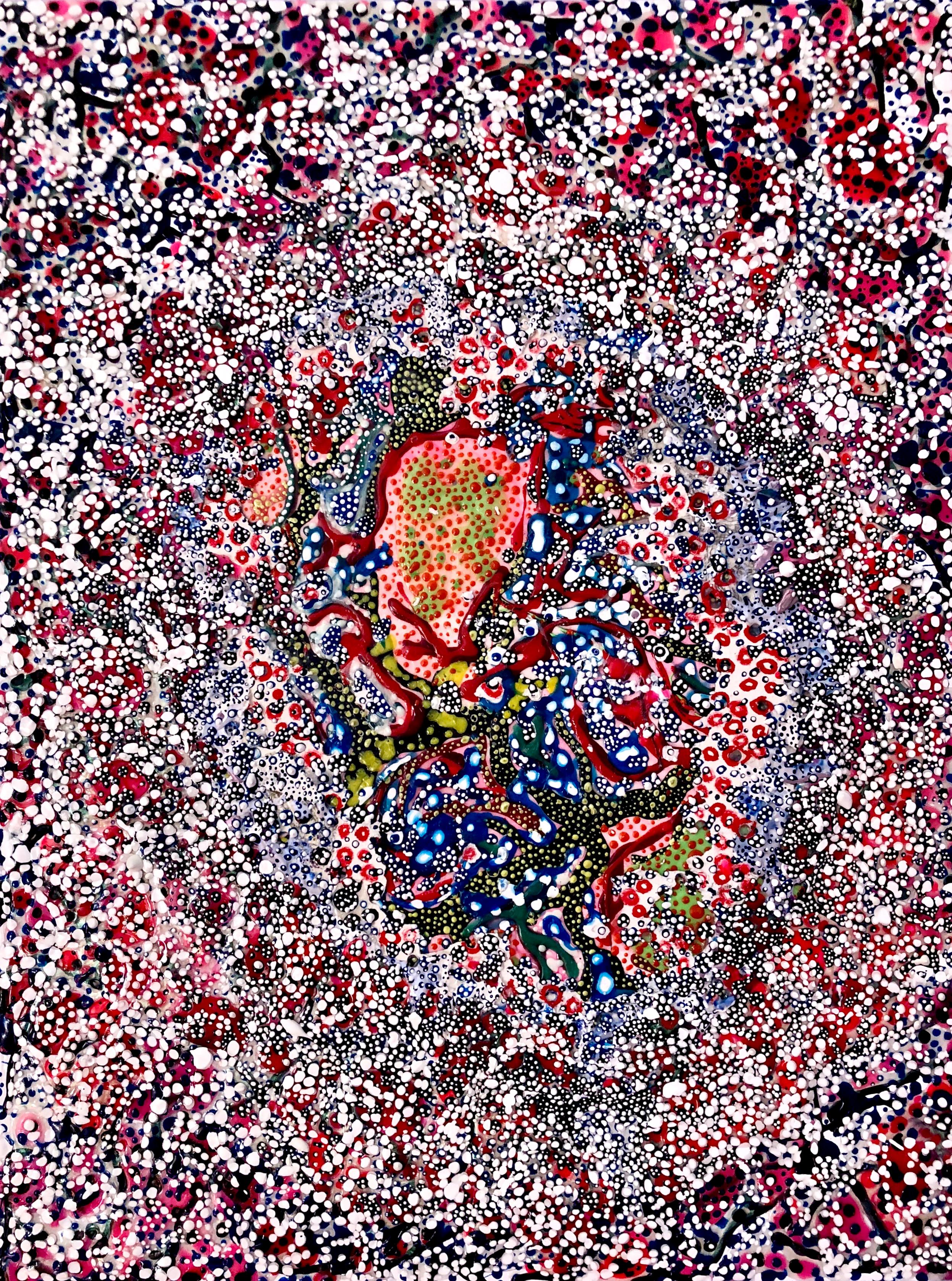 Elizabeth Knowles Abstract Painting - "Hidden In Plain Sight", swirling textured dots of white, blue, and red 