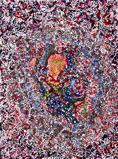 "Hidden In Plain Sight", swirling textured dots of white, blue, and red 